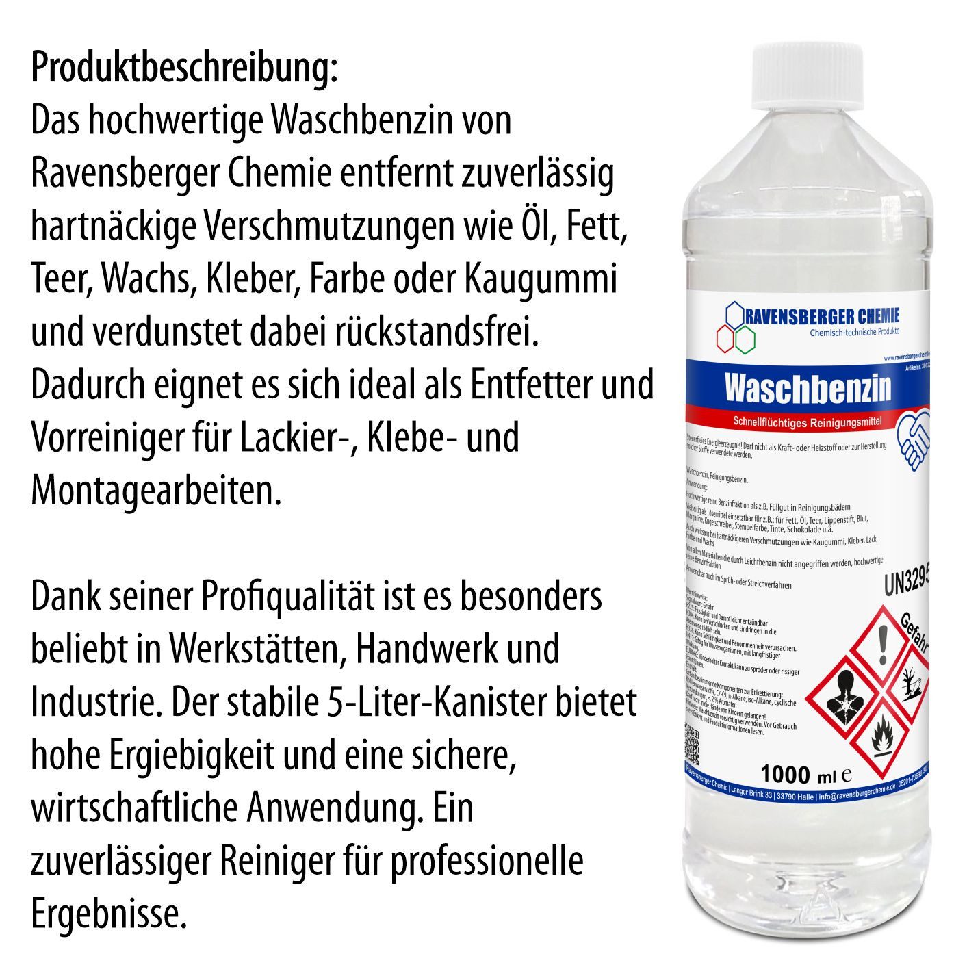 Ravensberger Chemie Waschbenzin - 1 Liter Reinigungsalkohol (1 Liter Flasche von Ravensberger Chemie - Waschbenzin 1L – Kraftvoller Reiniger für Fett, Öl & Klebereste)