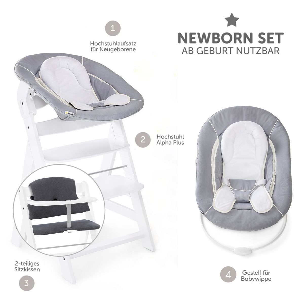 Hauck Hochstuhl Alpha Plus Newborn Set - White, Holz Babyhochstuhl ab Geburt inkl. Neugeborenenaufsatz & Sitzauflage