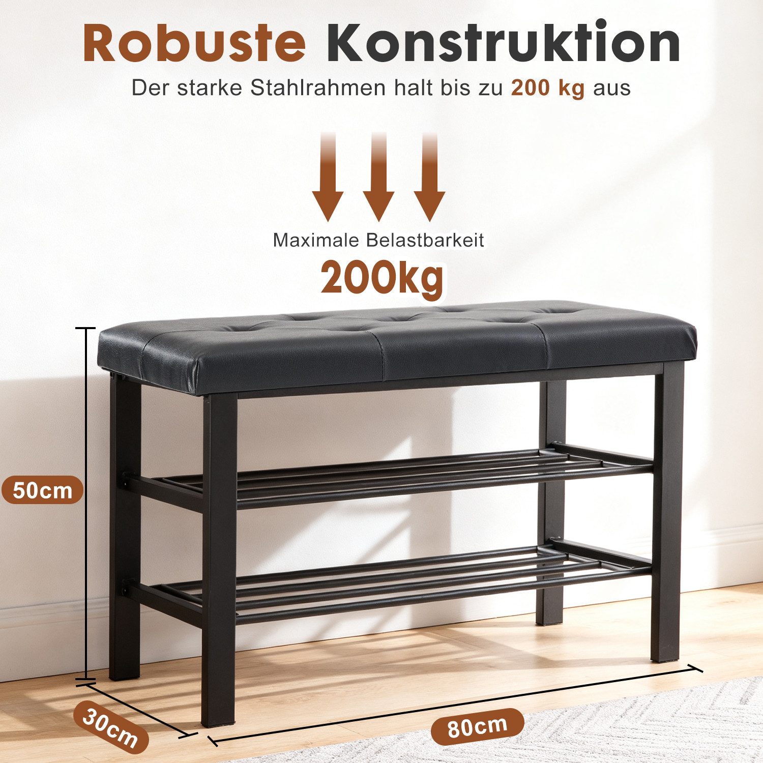 ANYSUN Schuhbank mit Sitzkissen, Schuhregal mit 3 Ebenen, aus Metall und Kunstleder (1-St), Schuhaufbewahrung für Wohnzimmer Eingangsbereich, 80 x 30 x 50 cm