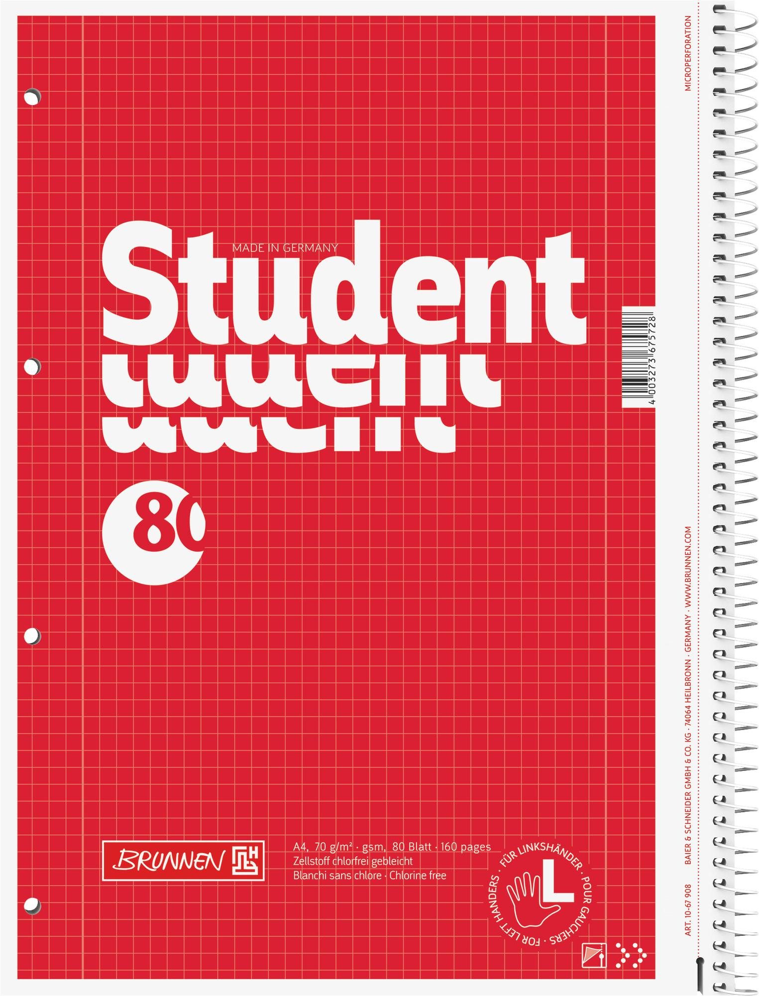 Baier & Schneider Collegeblock Collegeblock für Linkshänder A4 80 Blatt kariert rot