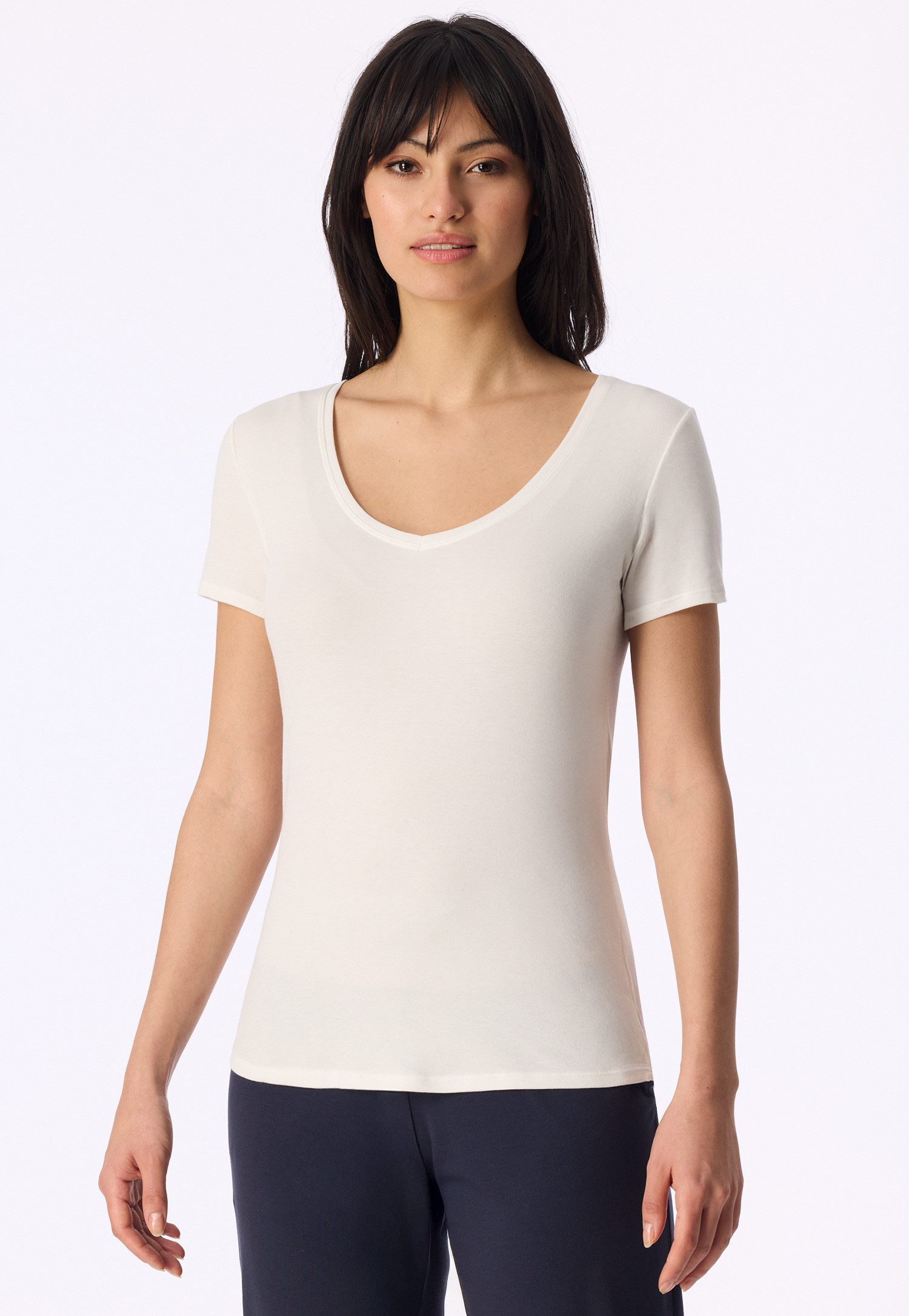 Schiesser T-Shirt Naturschönheit mit V-Ausschnitt, kurzem Arm, Feinripp-Qualität