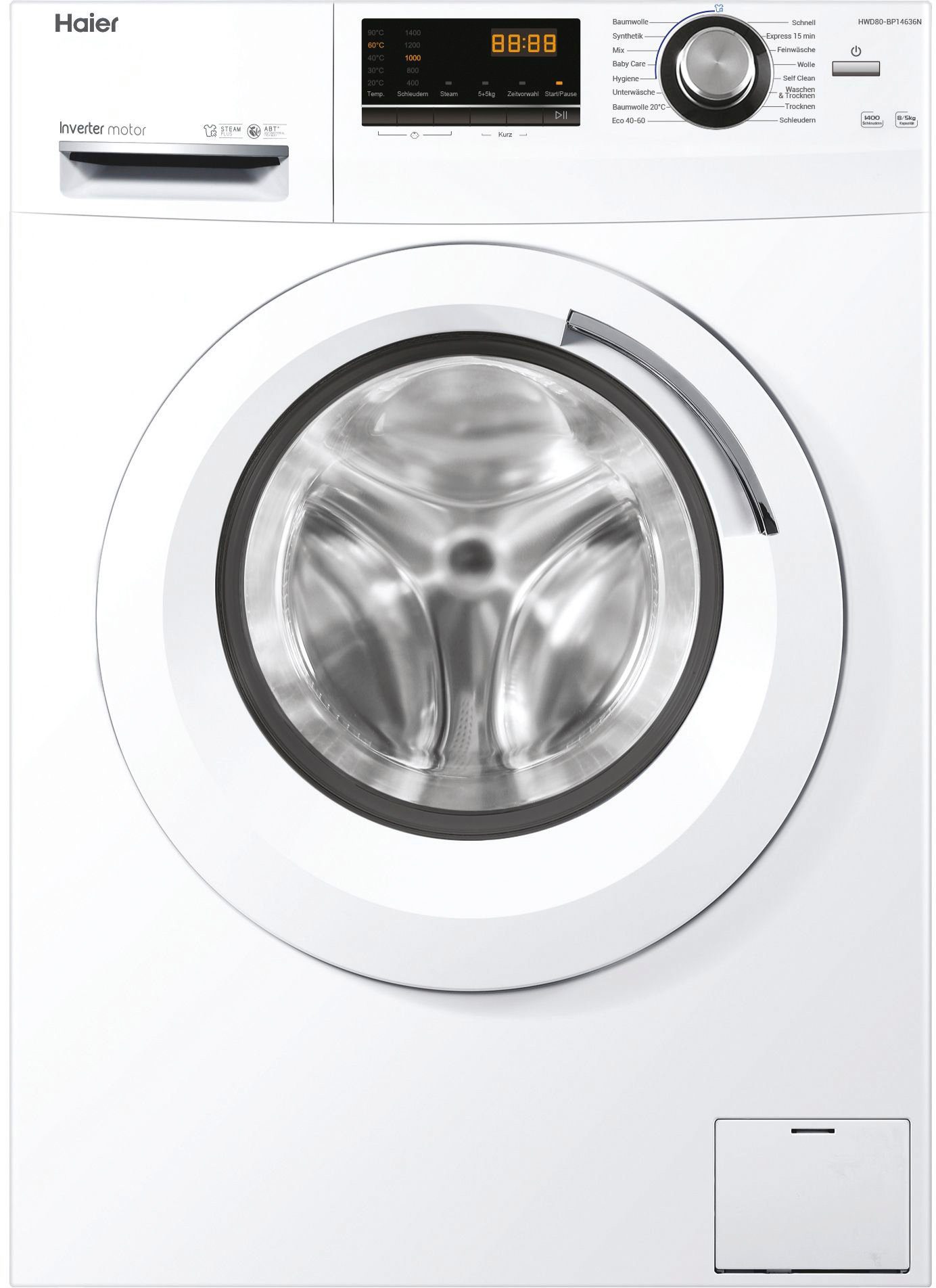 Haier Waschtrockner HWD80BP14636N, 8 kg kg, 1400 U/min, Schontrommel aus Edelstahl