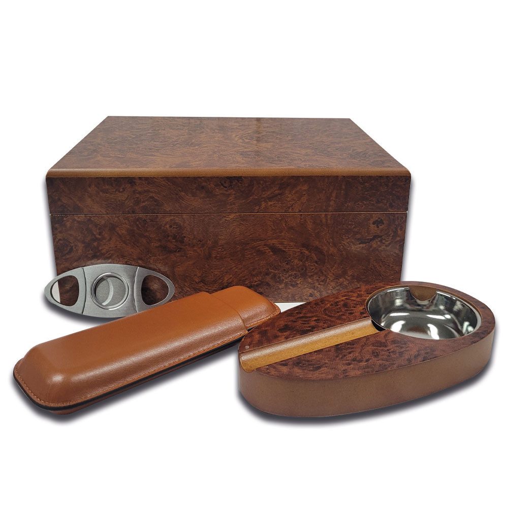 Coumo Humidor Premium Set, Wurzelholz FInish, Schneider, Etui, Ascher