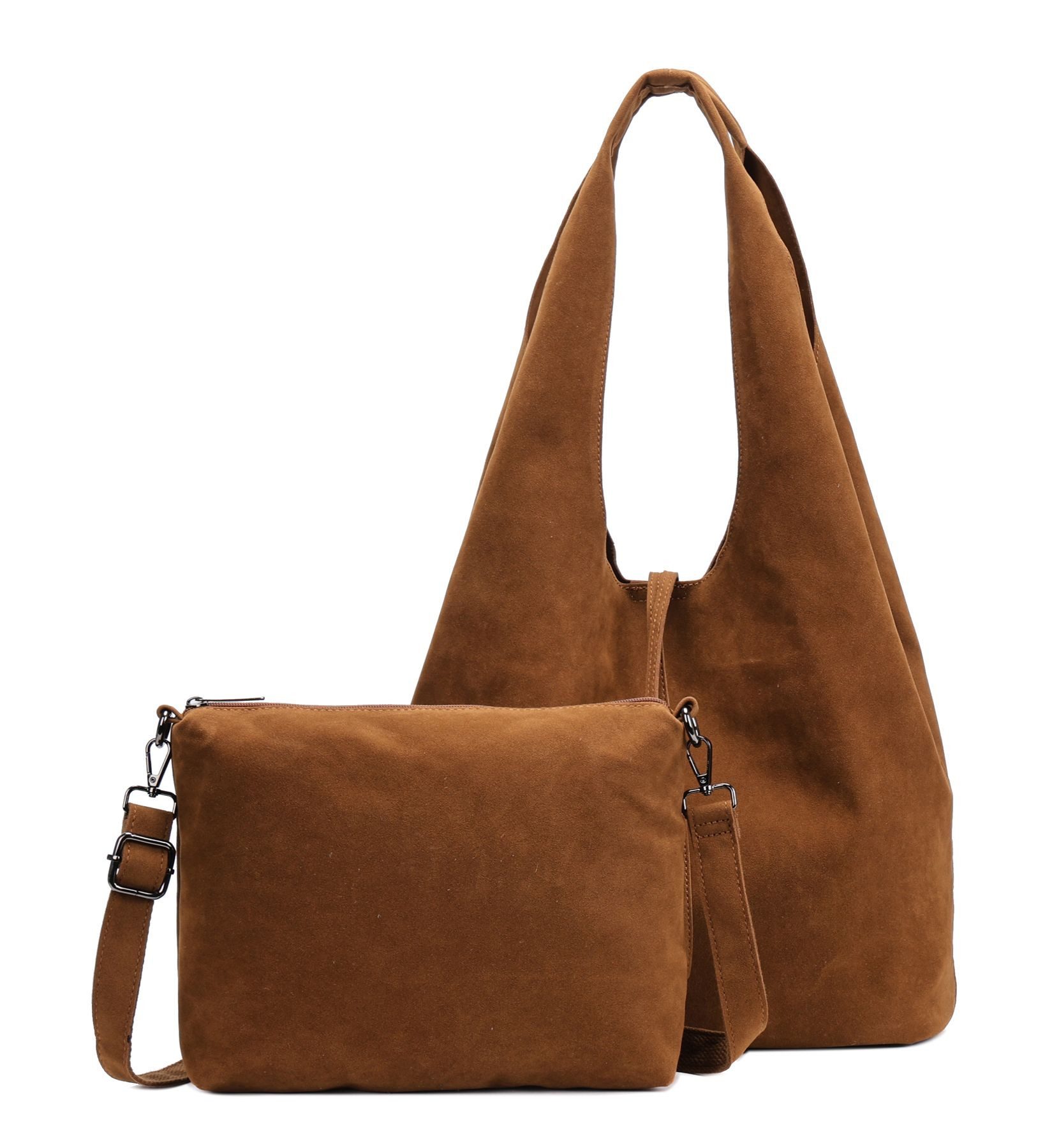 ITALYSHOP24 Schultertasche Damen Tasche Set 2in1 Shopper Hobo Bag Handtasche Crossbody Velours (Spar-Set 2 in1 Hobo + Crossbody Bag / Schmucktasche, Leichtgewicht, Wildleder Optik), Umhängetasche Workbag Body Bag Beuteltasche Freizeit Wildleder Optik
