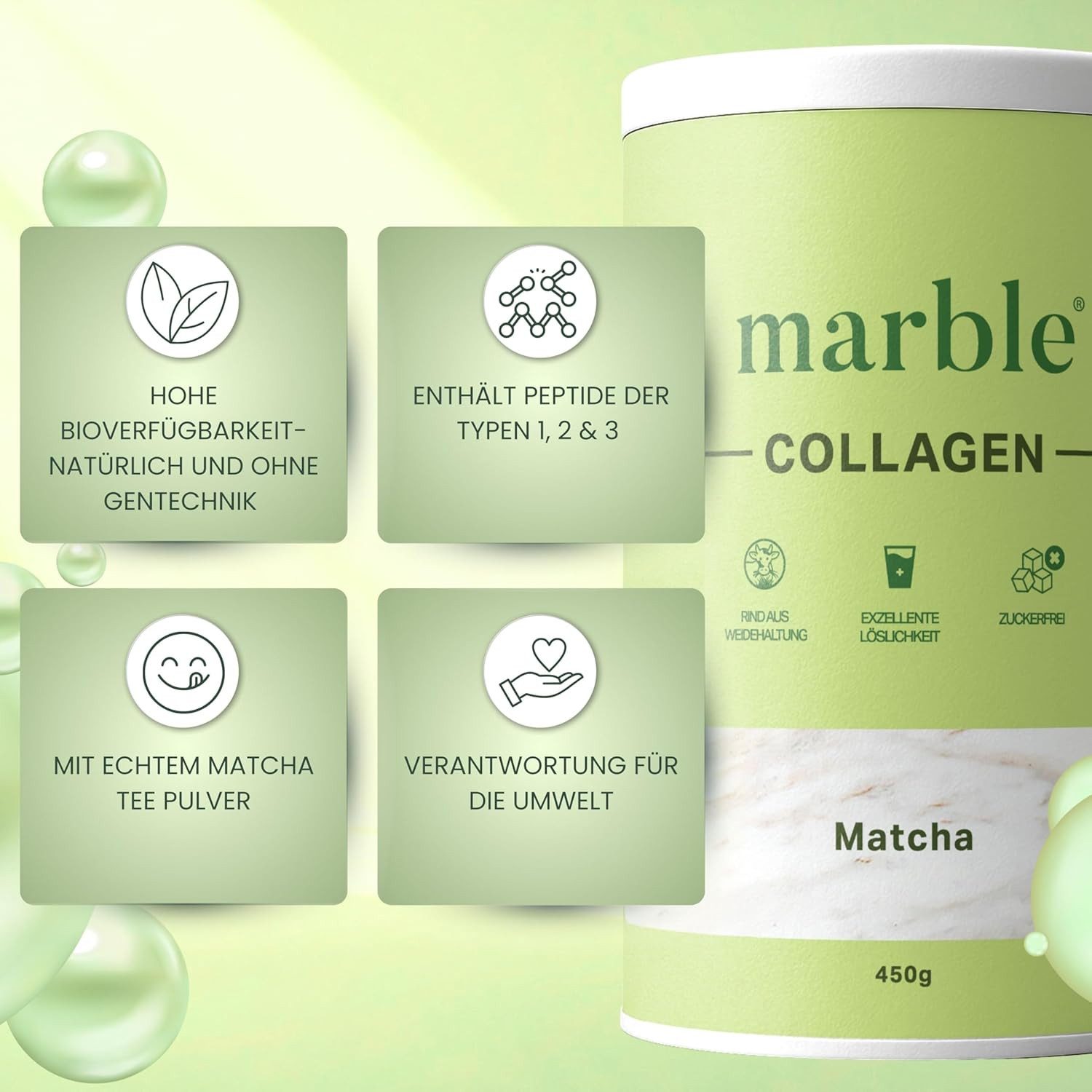 Marble Kollagen Pulver Matcha 450g – Typ I, II & III, ohne Zucker Pulver, Packung à 1 St., 450 g, Pappdose ohne Plastik, Umweltschonend