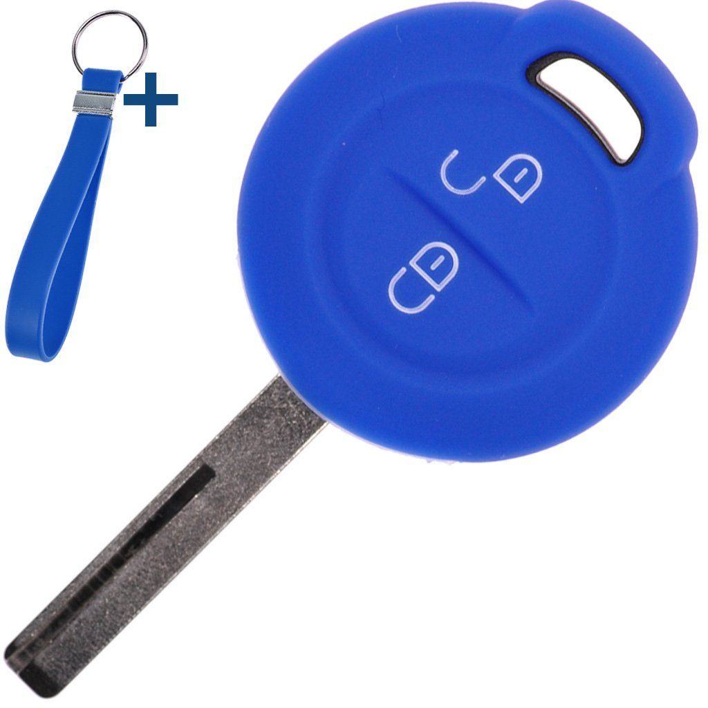 mt-key Schlüsseltasche Autoschlüssel Silikon Schutzhülle mit passendem Schlüsselband, für Mitsubishi Colt VI Smart Forfour 454 2 Tasten Funk Fernbedienung Blau