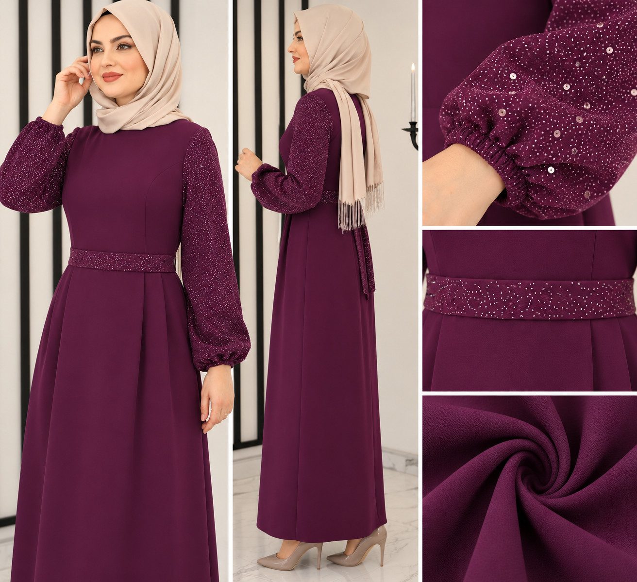 fashionshowcase Maxikleid Damen festlich A-Linie Krepp mit Pailletten Ärmeln gefüttert lang festlicher Look, Taillendetail, gefüttert, fällt 1 Größe kleiner aus – Bild 4 von 5