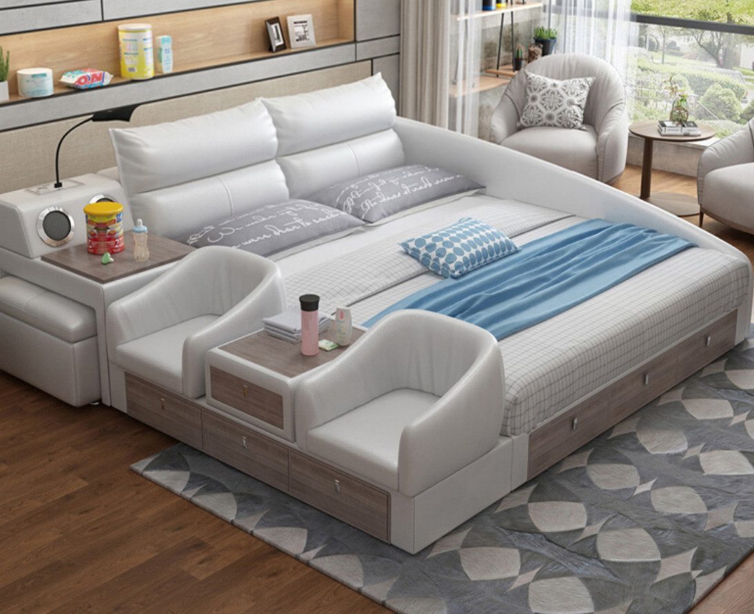 Xlmoebel Multimediabett Doppelbett mit USB-Ladestation, Regal und Schrank in Lederoptik (Multifunktions Bett), Hergestellt in Europa