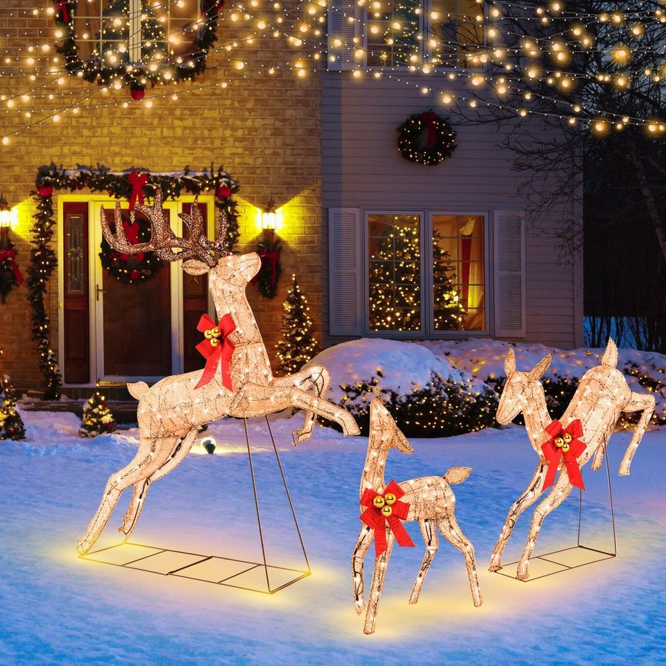 COSTWAY Weihnachtsfigur, 3tlg. LED Rentier mit 255 warmweißen Lichtern