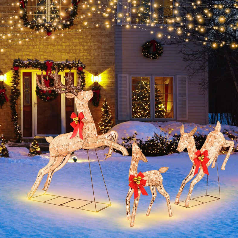COSTWAY Weihnachtsfigur, 3tlg. LED Rentier mit 255 warmweißen Lichtern