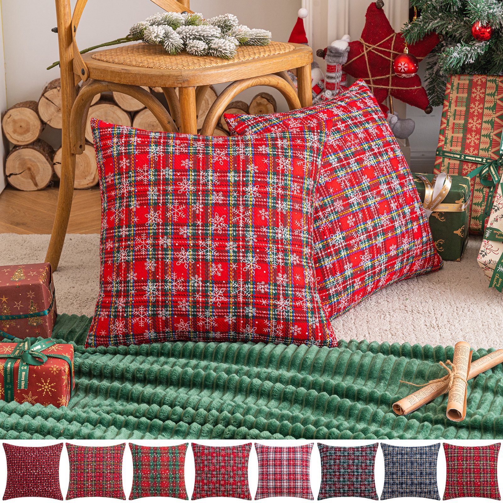 Stück), kariert Plaid, BTTO (1 Kissenbezüge 45x45cm,Zierkissenhülle,Dekorativer Couchkissenbezug,Weihnachten Schneeflocke Kissenbezüge weihnachten Kissenhüllen,