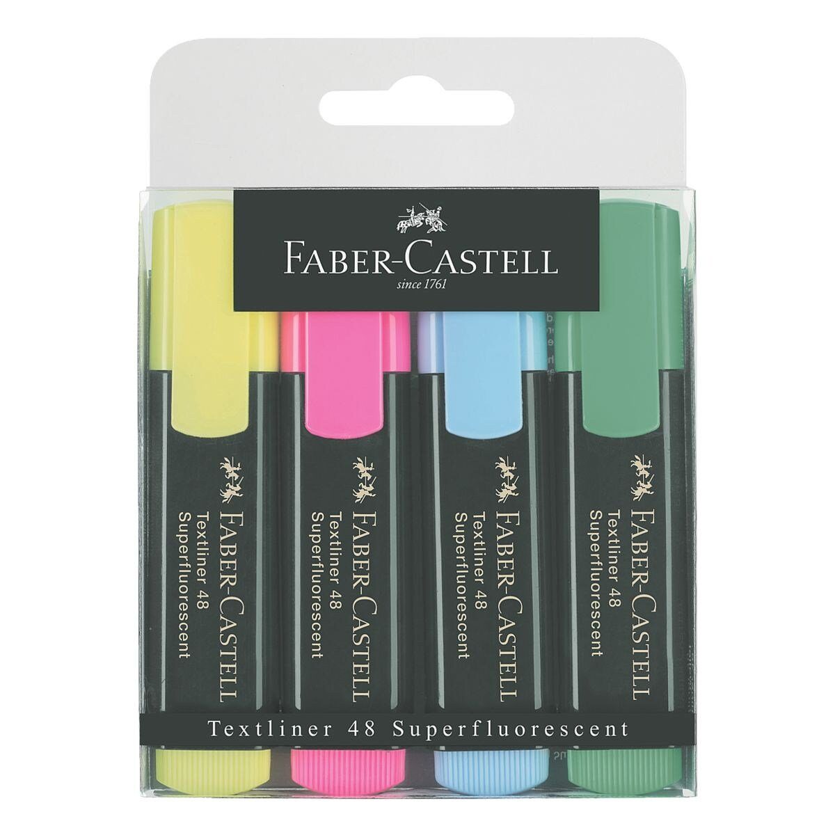 Faber-Castell Marker Textliner 1548, (4-tlg), Textmarker mit Kappe gelb, pink, blau, grün