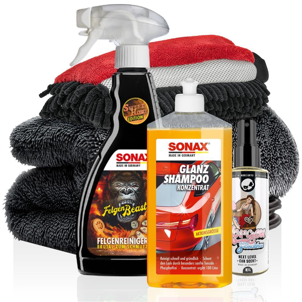 detailmate Sonax Glanz Shampoo Waschset #3 mit Nuke Guys Car Scent 500ml Auto-Reinigungsmittel (Basic+, [- Felgenreiniger - Duftspray - Autoshampoo)