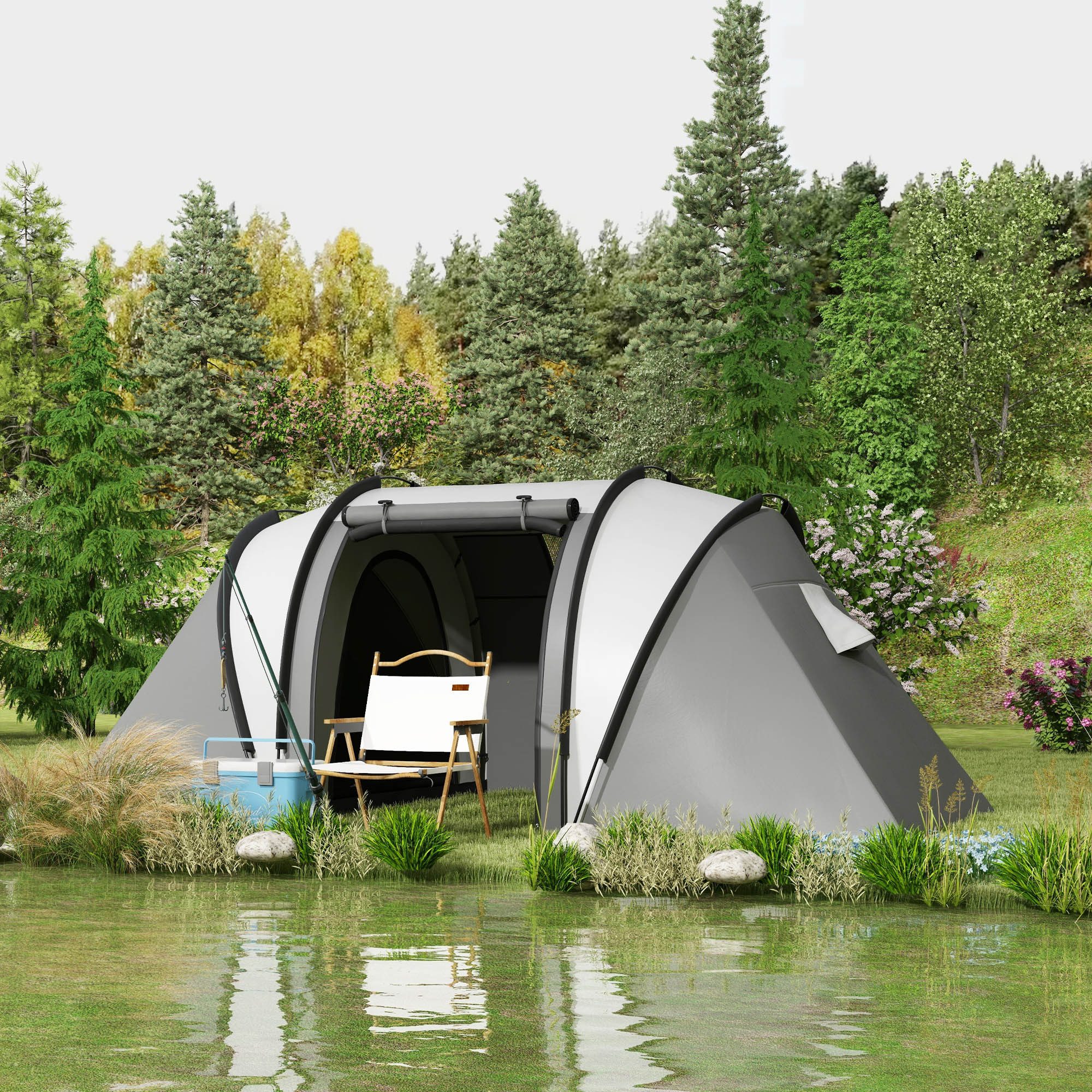 Outsunny Tunnelzelt Zelt Kuppelzelt, mit 2 Zimmer, wasserabweisend, Seitentür Fenster, Personen: 5 (Campingzelt, 1 tlg., Familienzelt), mit 3000mm Wassersäule, für Camping, Reise, Garten