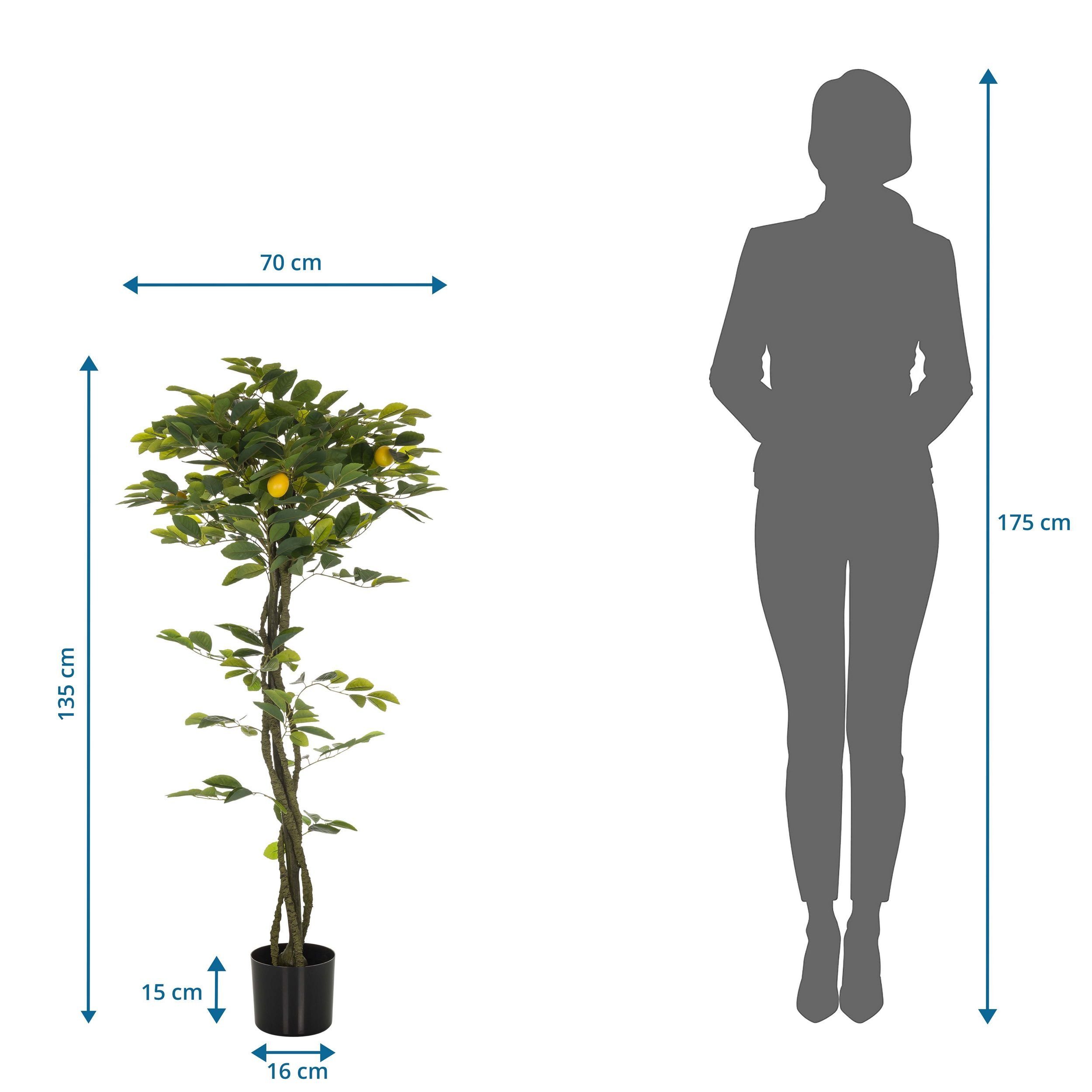für Höhe innen- / Deko und 135 Kunstpflanze: bümö, außen Zimmerpflanze Pflanzen, Zitrone Zitronenbaum cm, Künstliche