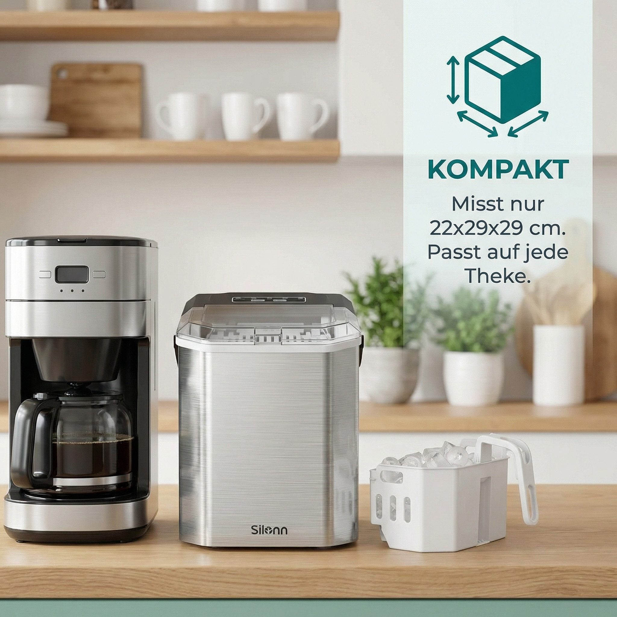 Silonn Eiswürfelmaschine 9 Würfel in 6 Min, 12 kg/Tag, 2 Eisgrößen, Eiswürfelbereiter, Tragbar, Selbstreinigend, Energiesparend, ≤ 45 dB - Für Haushalt, Camping