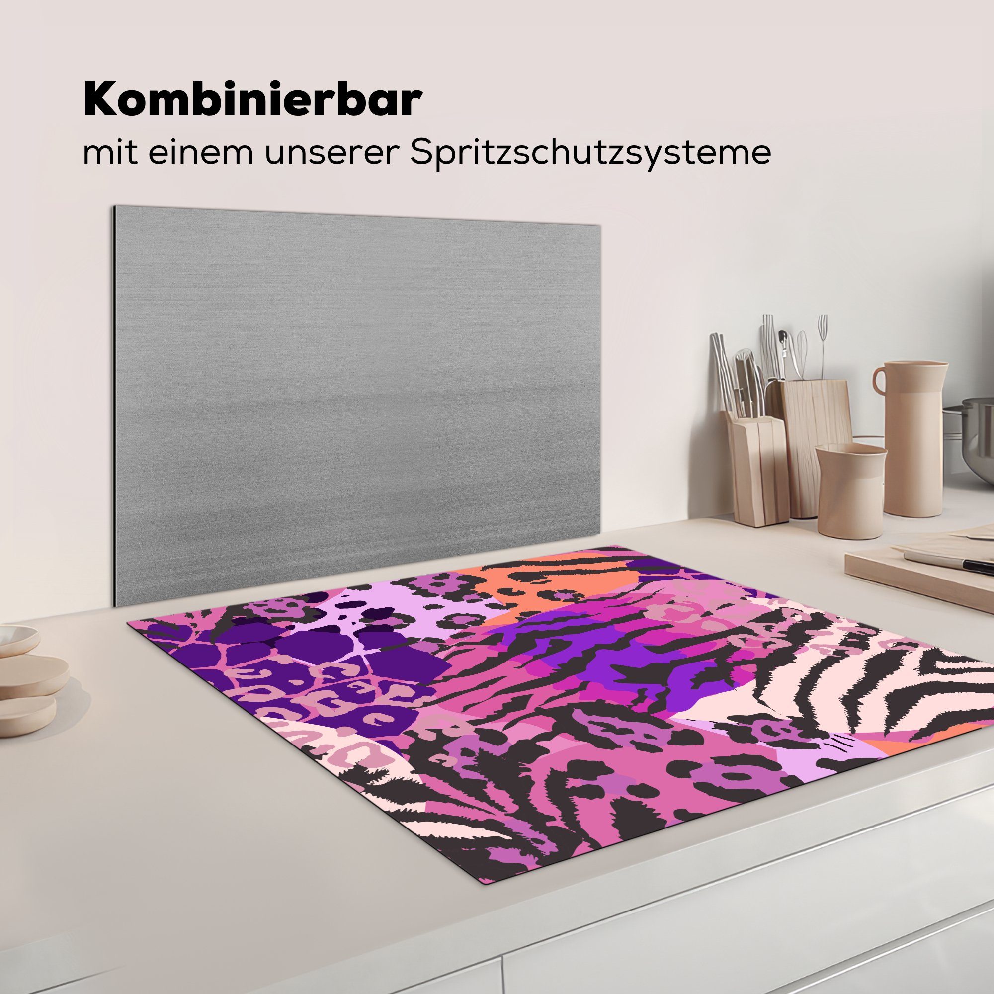 78x78 - (1 tlg), Herdblende-/Abdeckplatte - cm, Pantherdruck MuchoWow Arbeitsplatte Ceranfeldabdeckung, Vinyl, Rosa, Tiere küche für