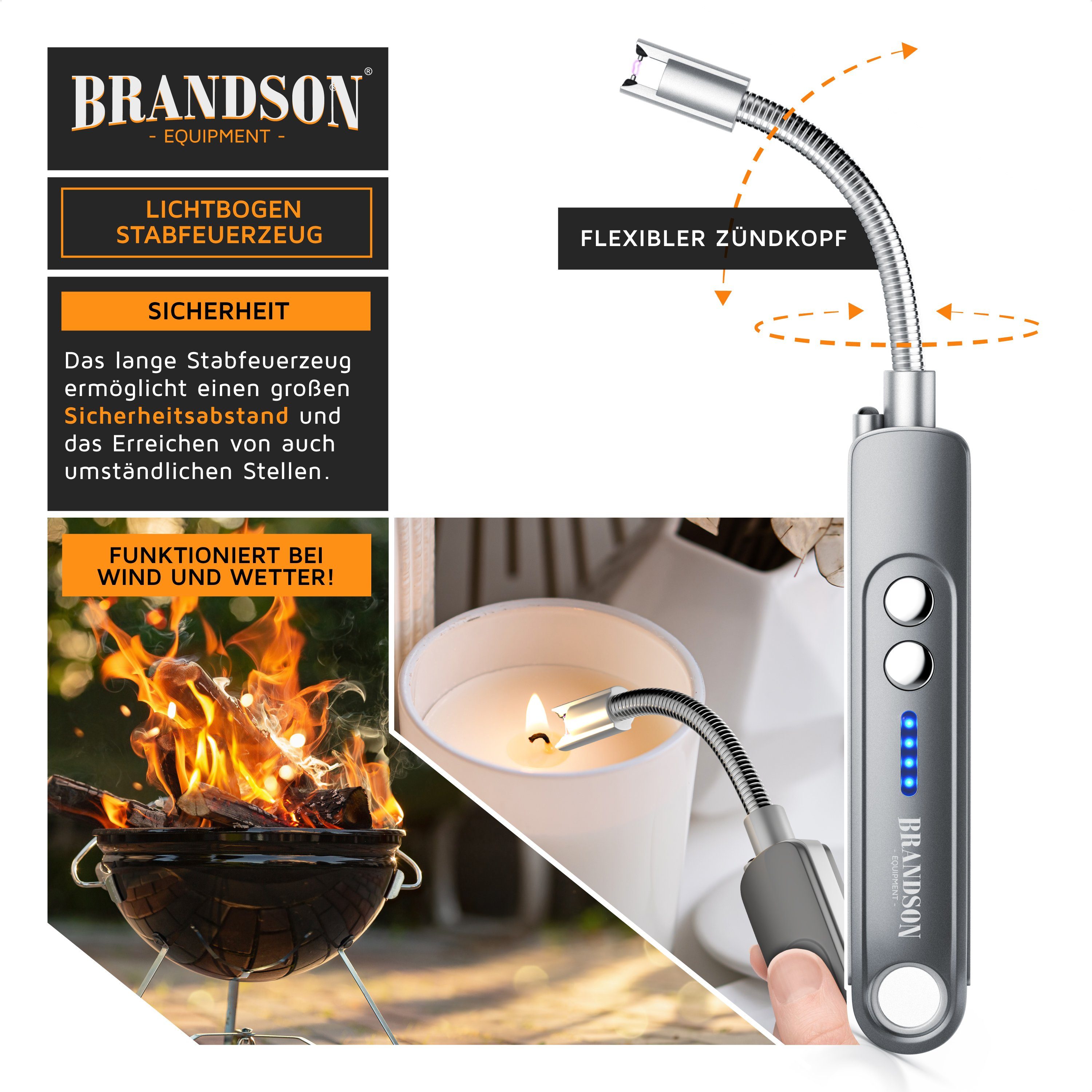 Brandson Feuerzeug elektrisch, Lichtbogen Stabfeuerzeug USB aufladbar (1-St), Kerzenanzünder für Küche, Kerzen, Gasherde, Grill, Kamin