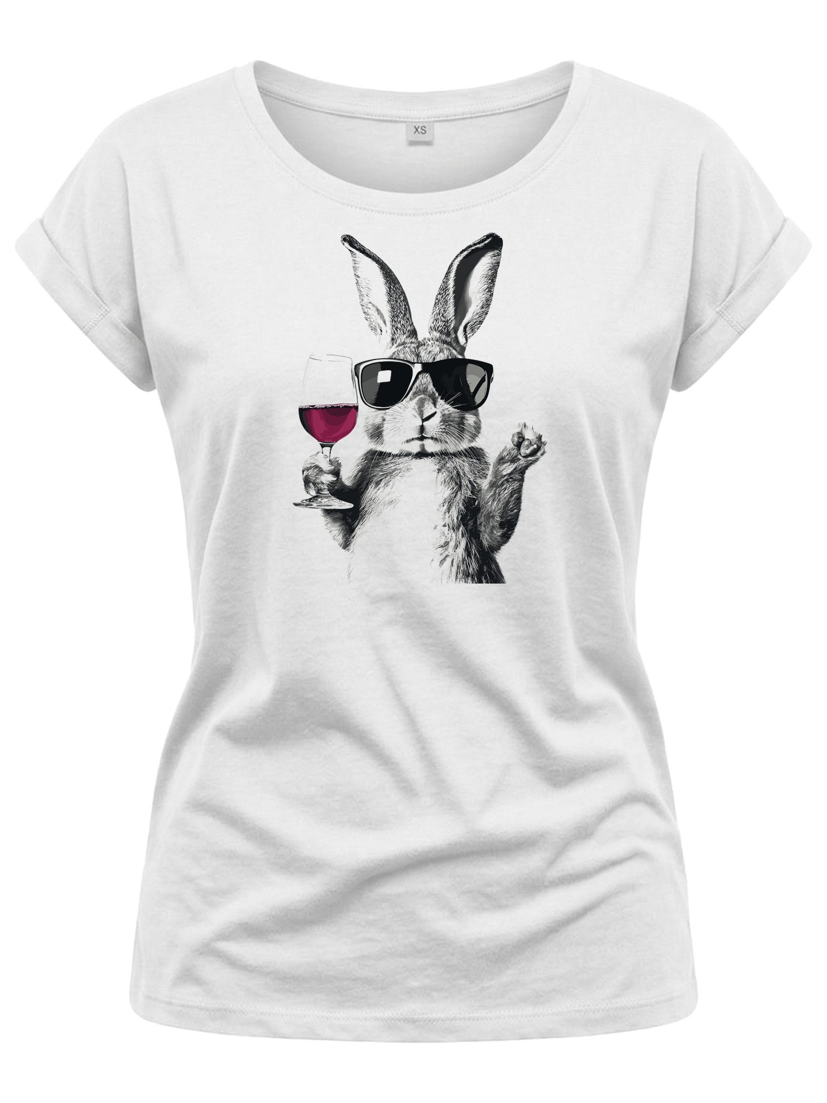 T-Shirt Damen Shirt mit Hase, Weinglas & Sonnenbrille – witziger Print
