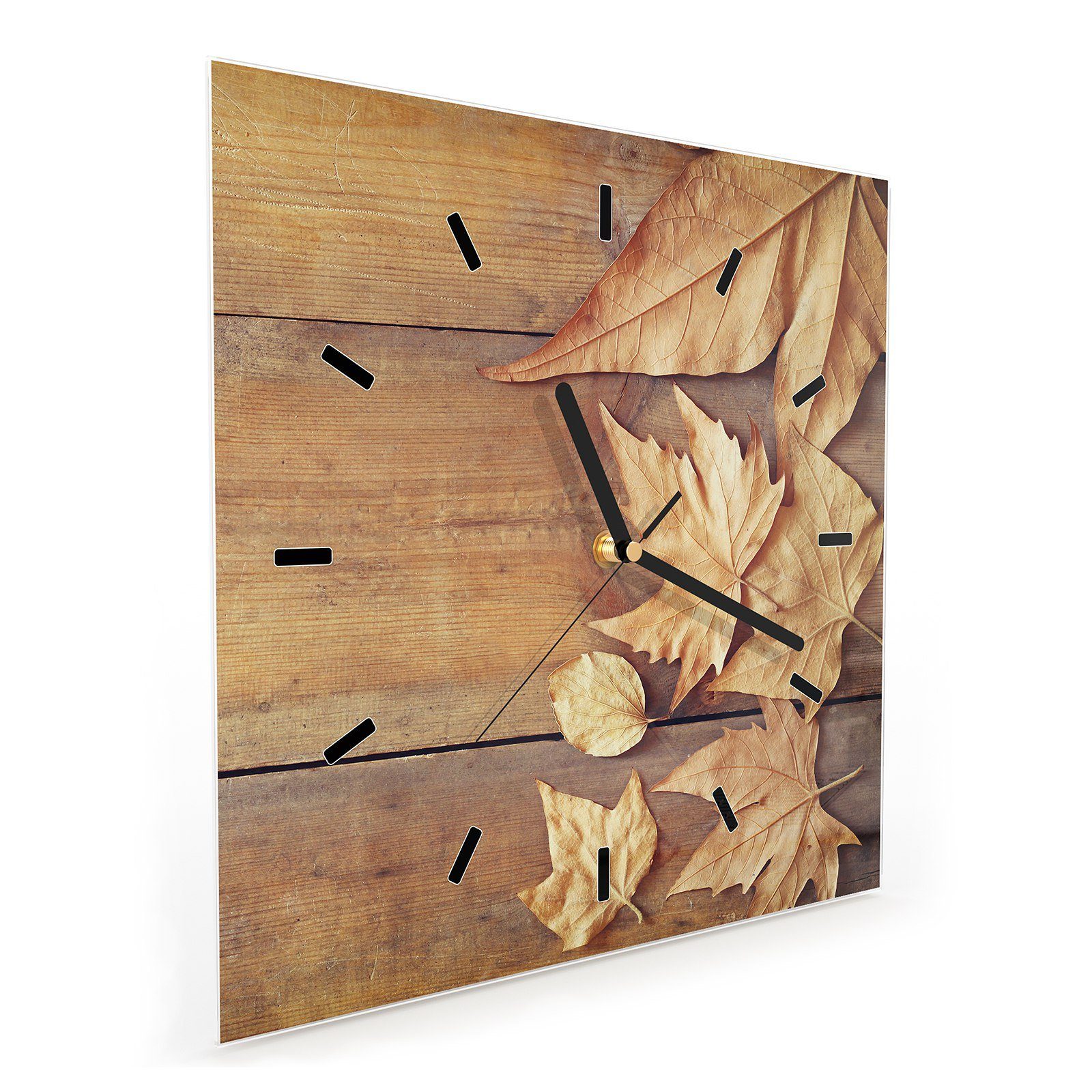 Glasuhr Wandkunst Holztisch x Blätter Primedeco auf Wanduhr 30 Motiv 30 Größe mit cm Wanduhr