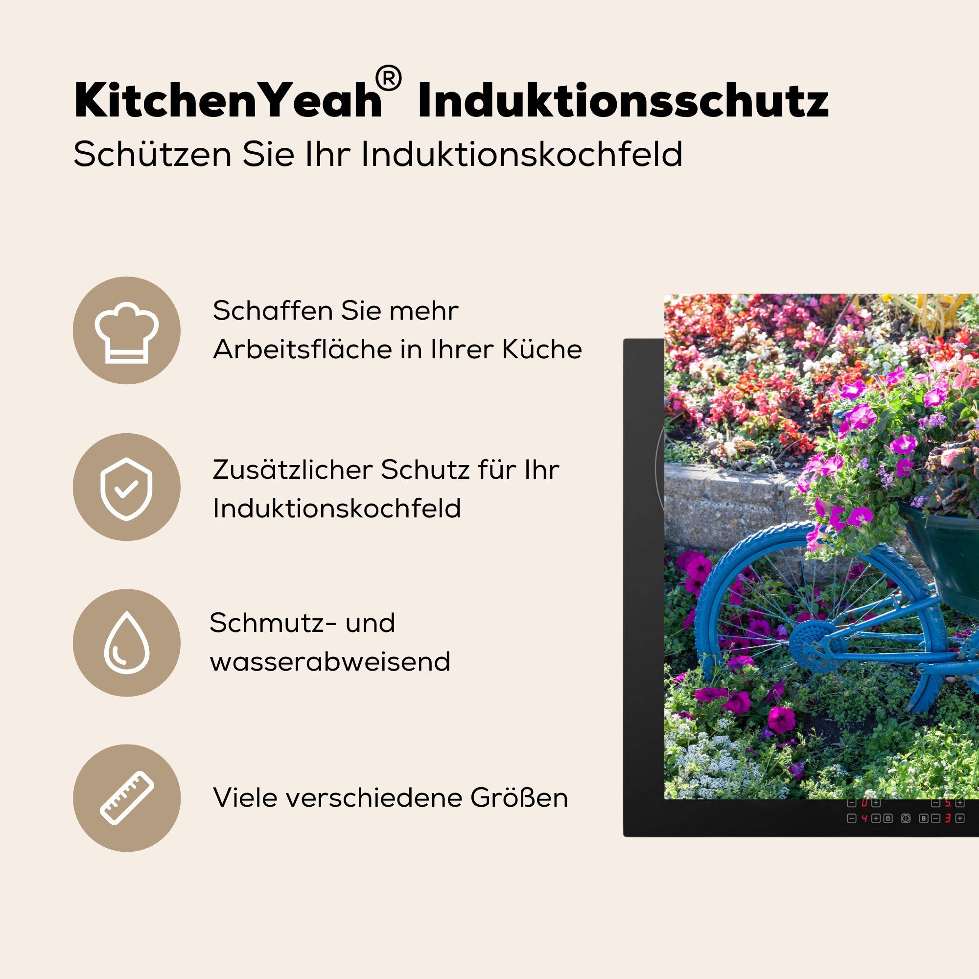 MuchoWow Herdblende-/Abdeckplatte Fahrrad - Blau tlg), die - Blumen, für Ceranfeldabdeckung küche, Vinyl, (1 81x52 Induktionskochfeld Schutz cm