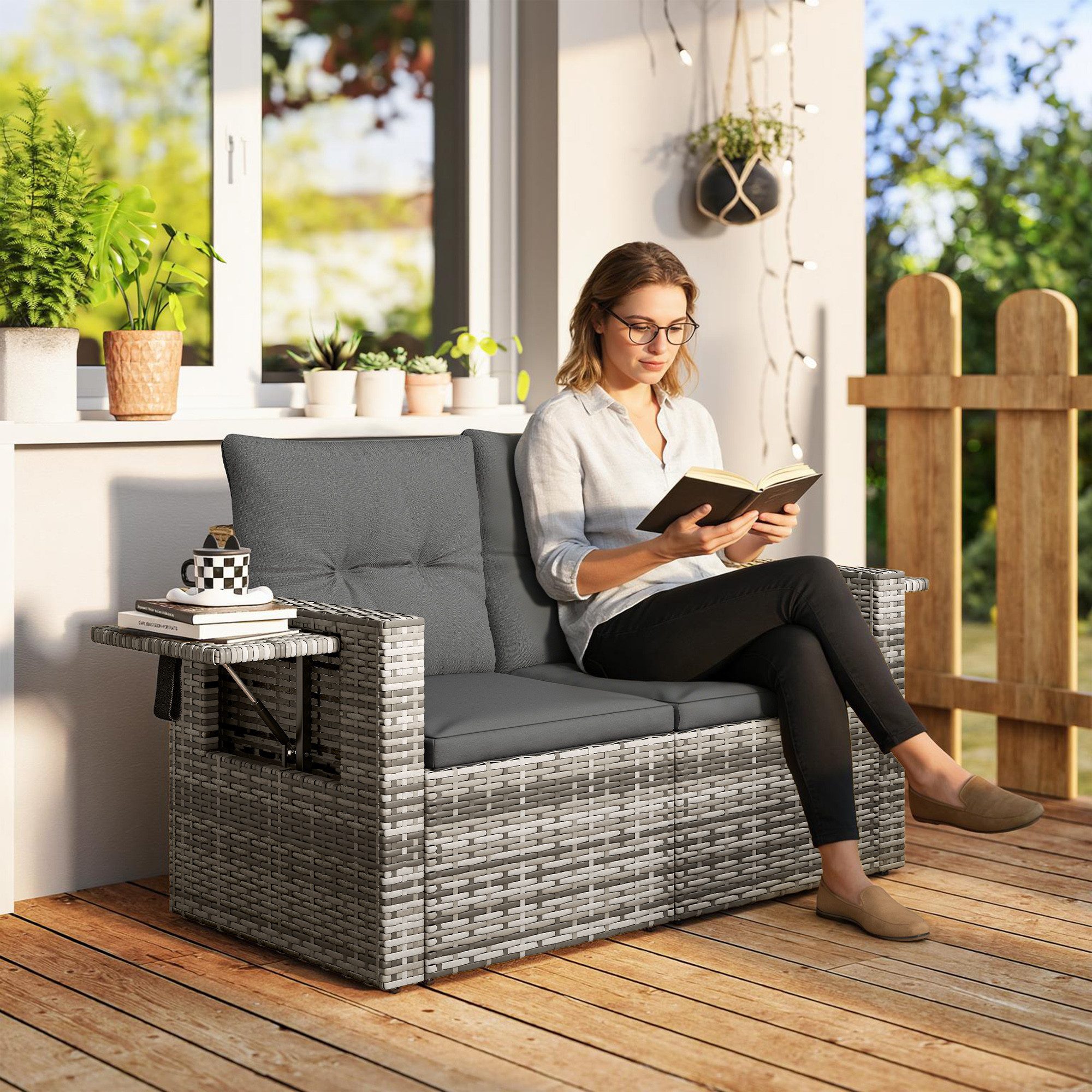 Outsunny Gartensofa Rattansofa mit Kissen Klappbar Sitzgruppe, Wetterfest Couch, Loungesofa 1 Teile, für Garten Terrasse Balkon, Poly Rattan Hellgrau
