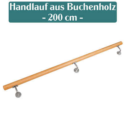 V2Aox Handlauf Buche Holz Handlauf Treppengeländer Wandhandlauf Treppe 80 - 230 cm, 200 cm Gesamtlänge