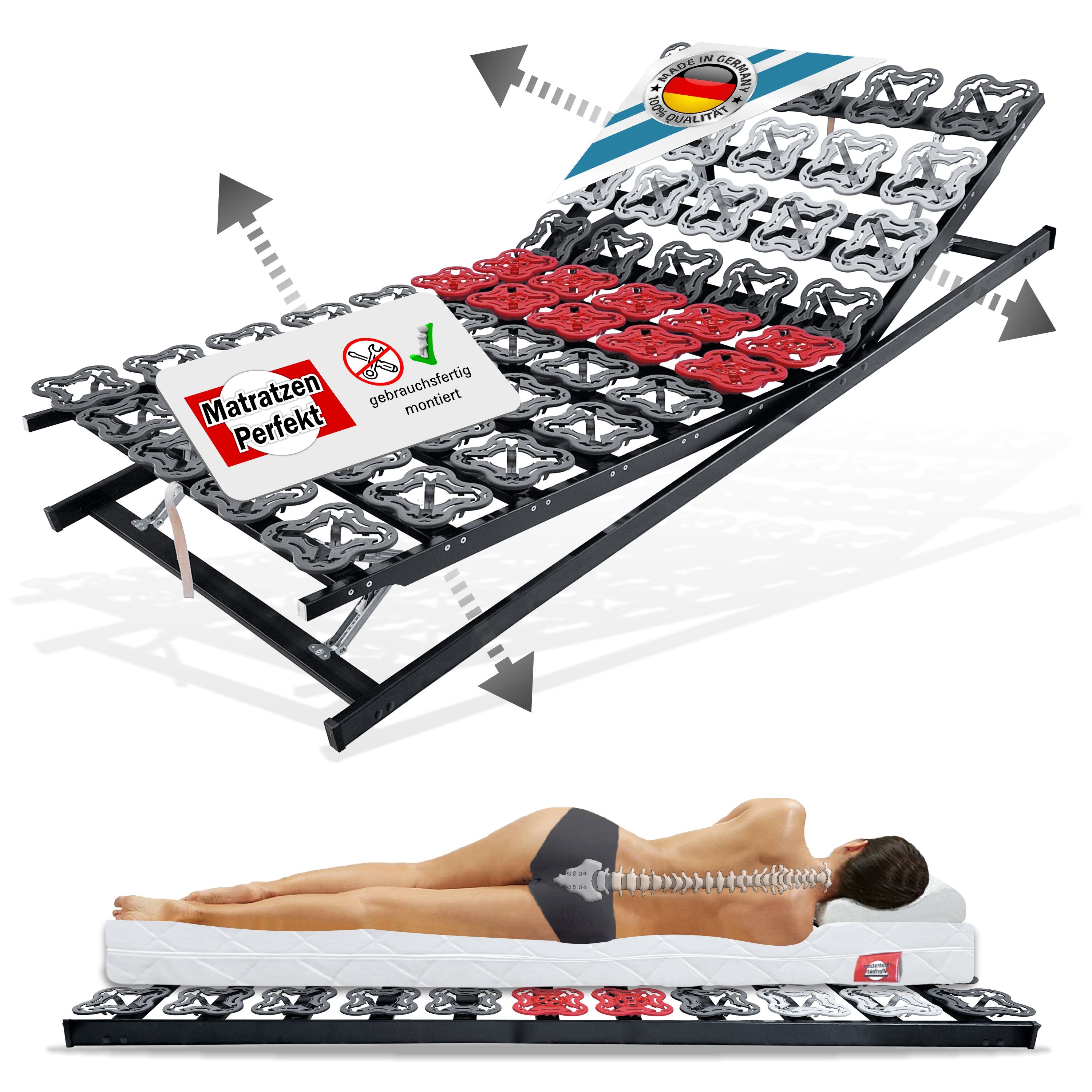 Tellerlattenrost anpassungsfähiger T-Flex, KF Lattenrost de Luxe bis 300 KG Tragkraft, Matratzen Perfekt, Kopfteil VERSTELLBAR, Fußteil VERSTELLBAR, Tellermodule im Hüftbereich verstellbar