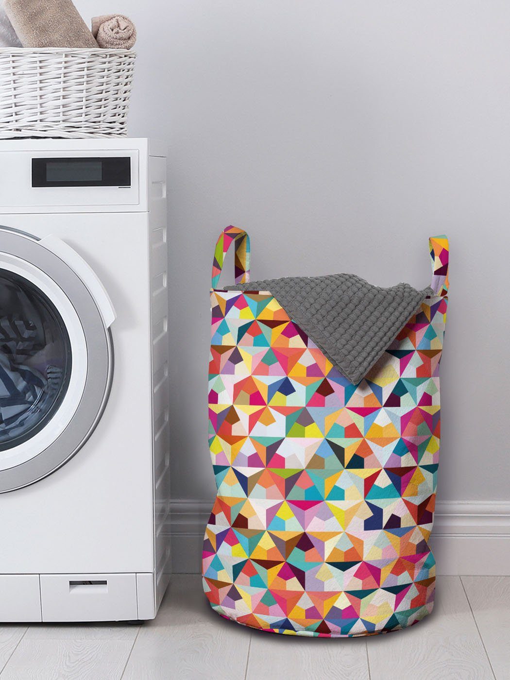 Geometrisch Wäschekorb Wäschesäckchen aufwändiger Kordelzugverschluss Waschsalons, mit Abakuhaus Entwurf für Griffen