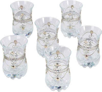 Marrakesch Orient & Mediterran Interior Teeglas Orientalische verzierte Teegläser Set 6 Gläser Mousta Silber, Marokkanische Tee Gläser 6 Farben Deko orientalisch, 6 x Orientalisches Marokkanisches Teeglas verziert, Handarbeit