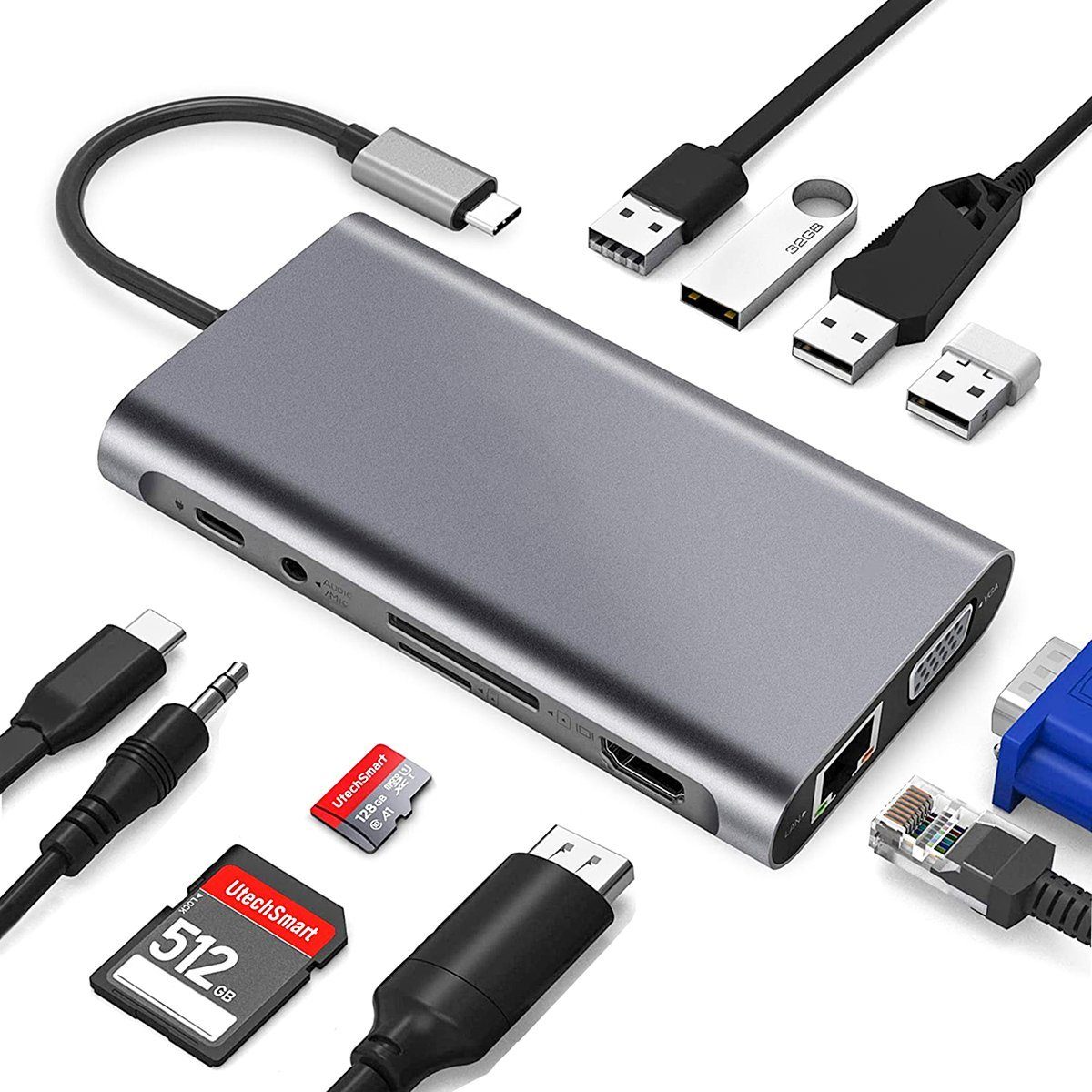 VSIUO 11-in-1 USB-C Docking Hub, PowerExpand Adapter, USB-Adapter USB-Adapter  USB-C zu 1 x USB 3.0, USB-C PD 100W, 3,5mm Audio, RJ45 Ethernet, 3 x USB  2.0, 1 x HDMI, SD Card Reader,