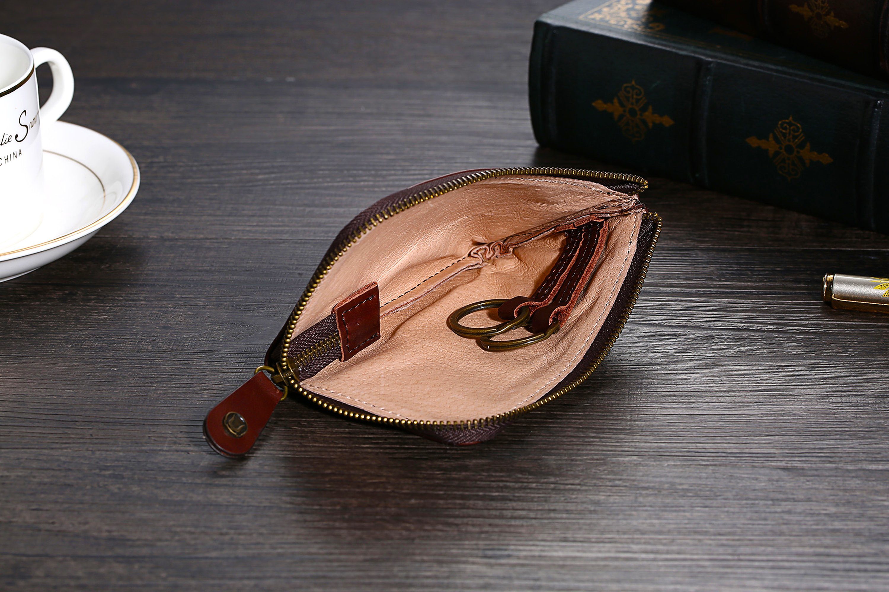 Schlüsselmäppchen Geschenkbox Echtleder Cognac - & mit aus Schlüsseletui Cerbery Schlüsselanhänger Leder Schlüsseltasche - Cronus eleganter Schlüsselhalter Rhea (Aeacus) exklusivem Luxus