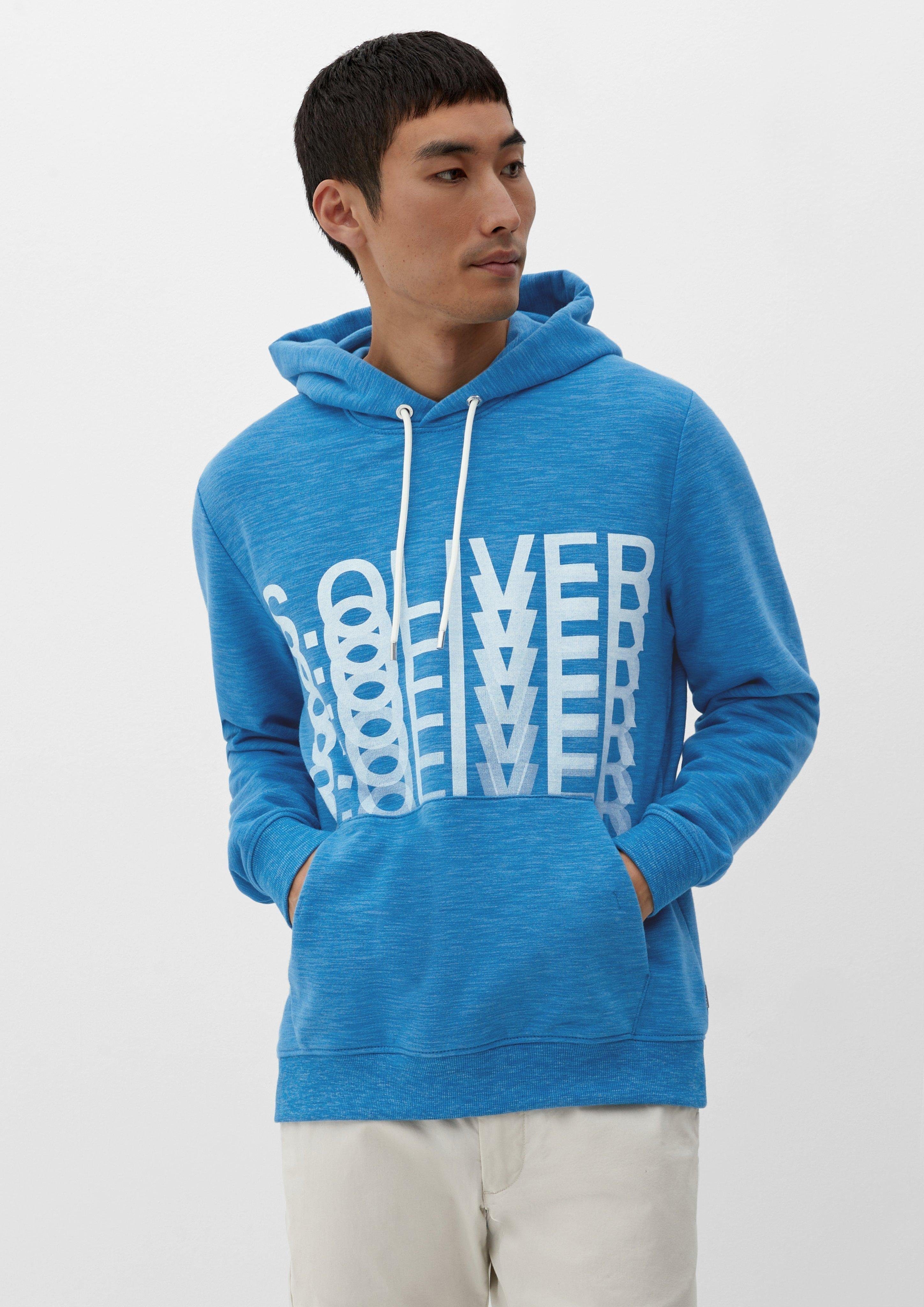 s.Oliver Hoodie Schriftprint mit Sweatshirt Rippblende, Rippbündchen türkisblau