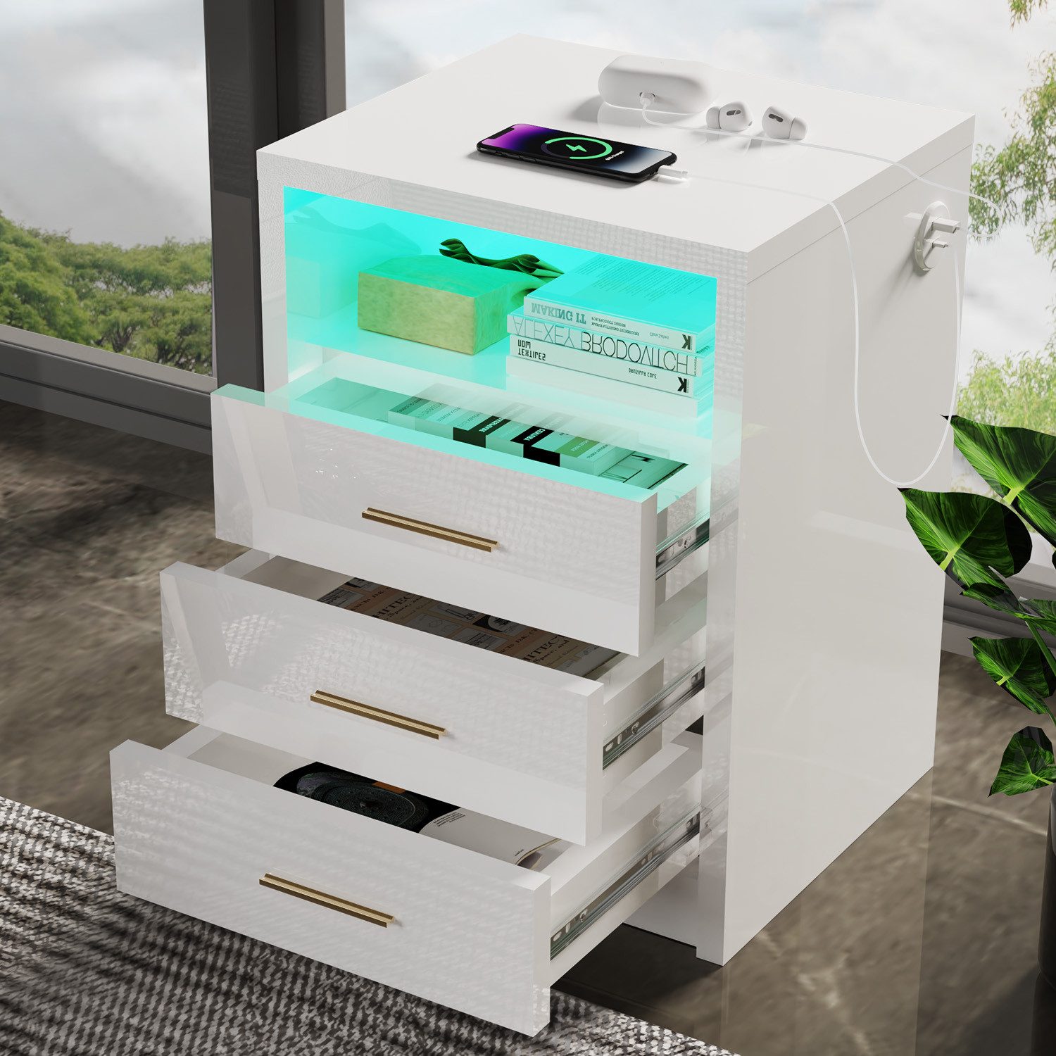 oyajia Nachttisch Nachtschrank mit 2/3 Schubladen, Beistelltisch mit Ladestation und LED (1-st RGB Nachttisch mit Schubladen und Ladestation), Nachttisch mit Sc – Bild 2 von 5