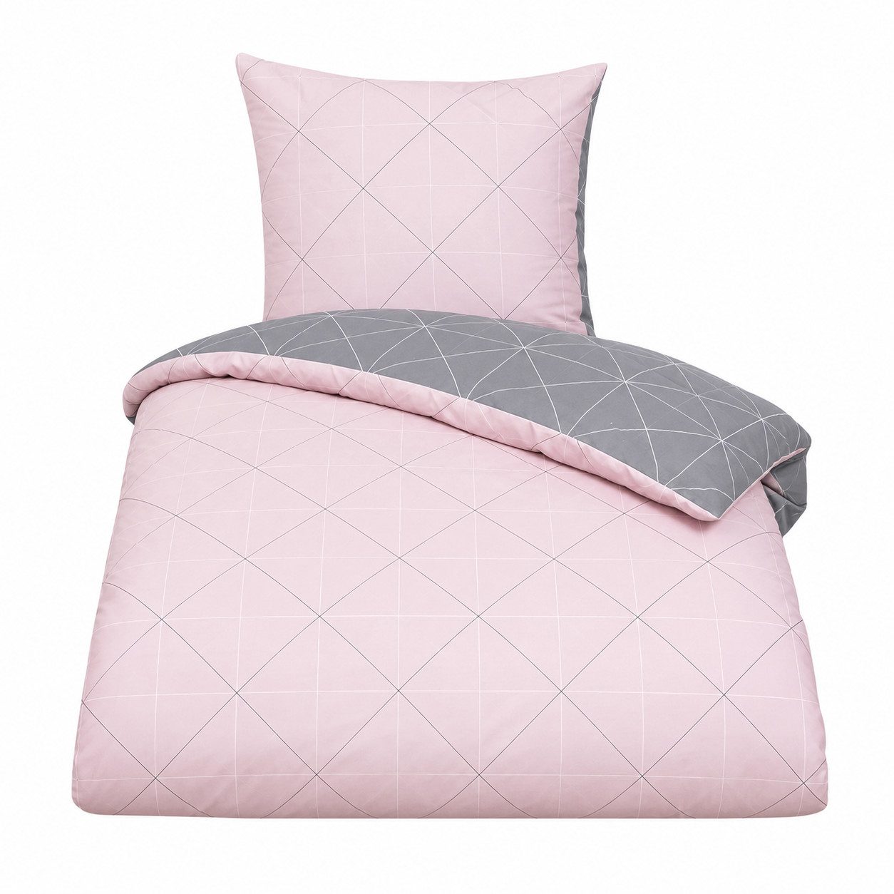soma Bettwäsche Biber Garnitur 135x200 cm Rosa Grau inkl. Kissen 80x80 cm Wende-Design, Biber, 2 teilig, 100 % Baumwolle, Reißverschluss, geometrisches Muster, Made in Germany