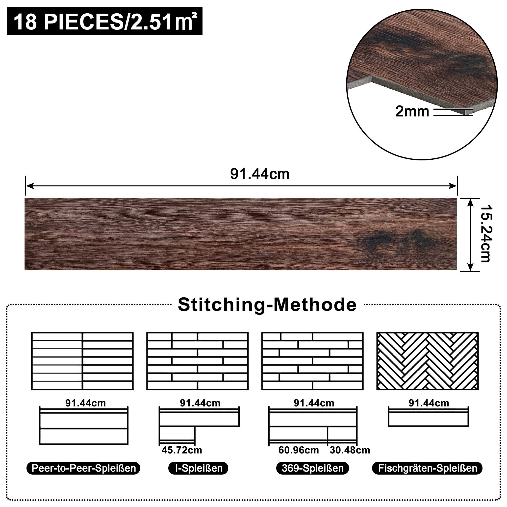 FIVMEN Vinylboden PVC Bodenbelag Selbstklebend, Holzmaserung Dielen, Bodenfliesen, 18/36 Stück, 2.51/5.2 m² Schneidbar Fliesen für Schlafzimmer, Küche