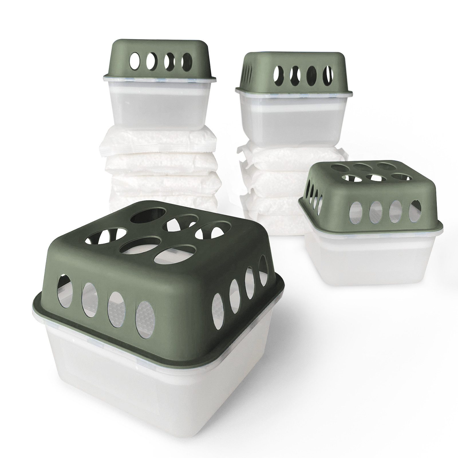 Kubus Granulat-Luftentfeuchter 4er-SET für ein angenehmes Raumklima, Luftentfeuchter in 6 Farbvarianten und 2 Designs
