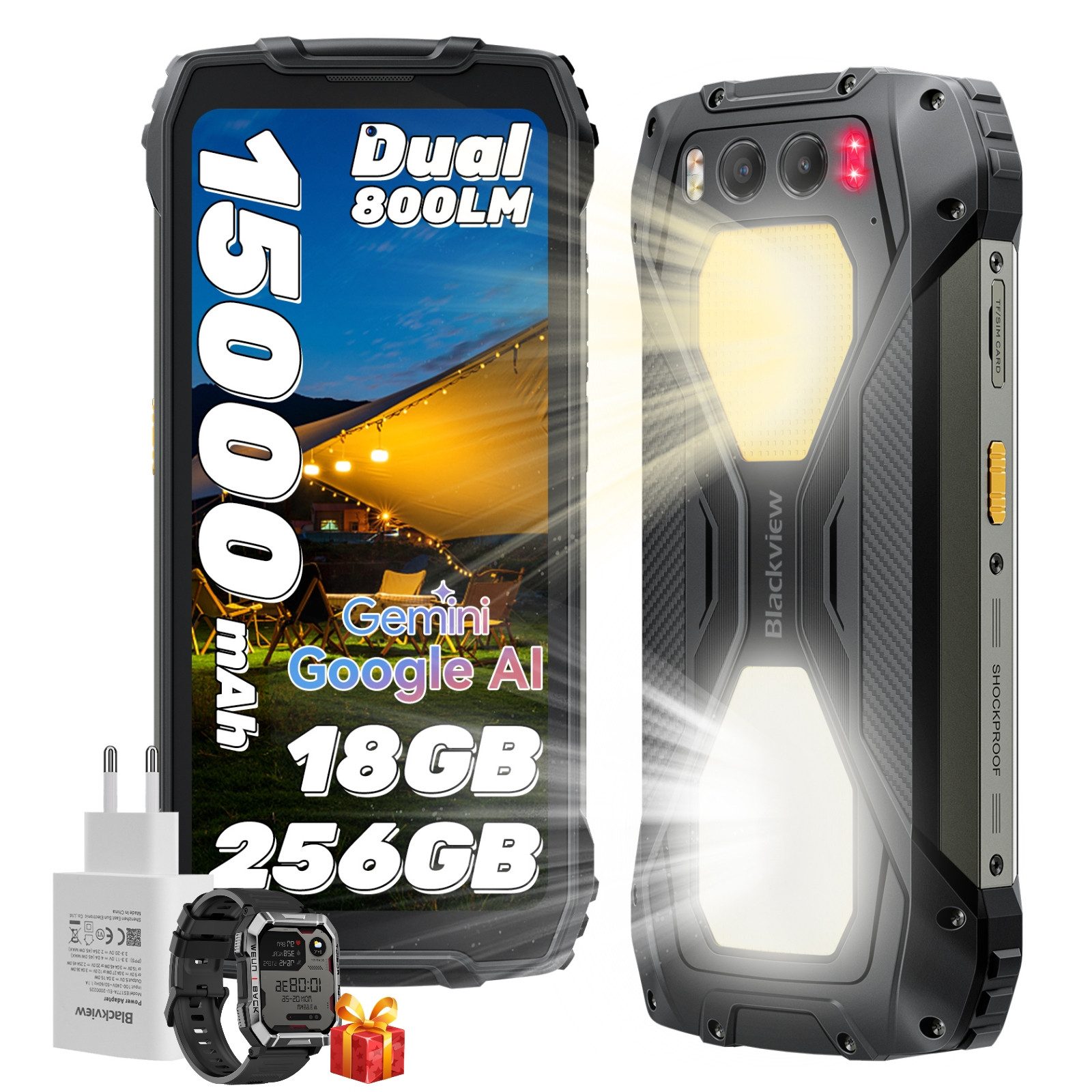 blackview BV7300 256GB AI Ohne Vertrag incl. 45W USB-Ladegerät Outdoor Handy (50 MP Kamera, 800LM Campinglicht, 15000mAh, 45W, 50MP, 32MP, 20MP, 6,67", NFC)