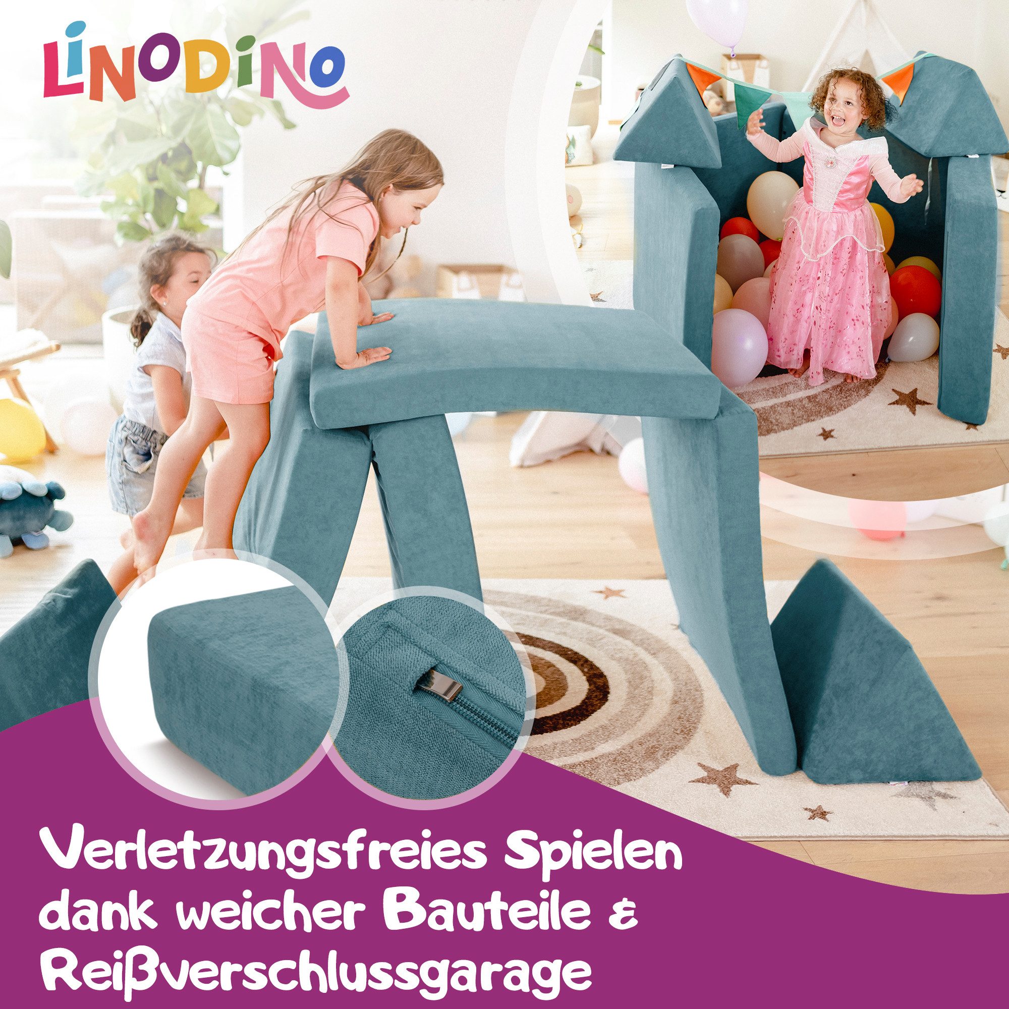 Linodino Kindersofa Spielsofa I aus Schaumstoff Bausteine I Spielcouch für Kinder, Wasserfeste Unterbezüge, Waschbare Chenille Bezüge 30°