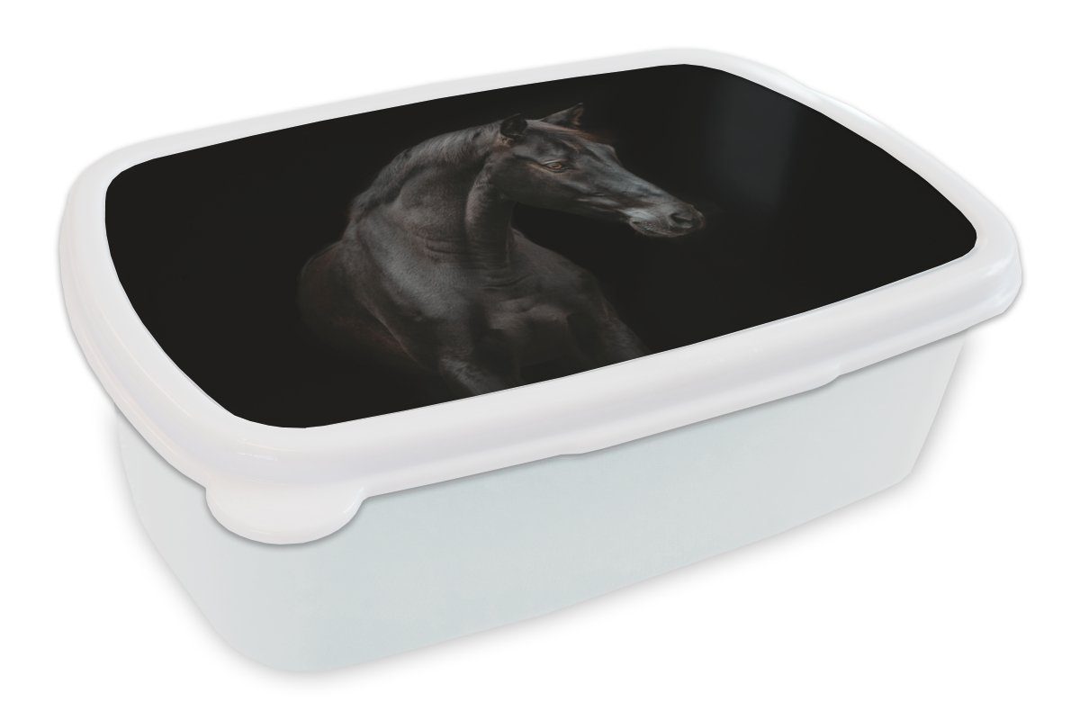 MuchoWow Lunchbox Pferd - Tier - Schwarz, Kunststoff, (2-tlg), Brotbox für Kinder und Erwachsene, Brotdose, für Jungs und Mädchen weiß