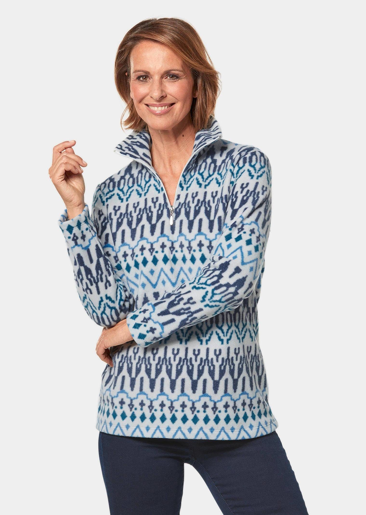 GOLDNER Sweater Kurzgröße: Kuschelig warmer Fleece-Troyer blau / gemustert