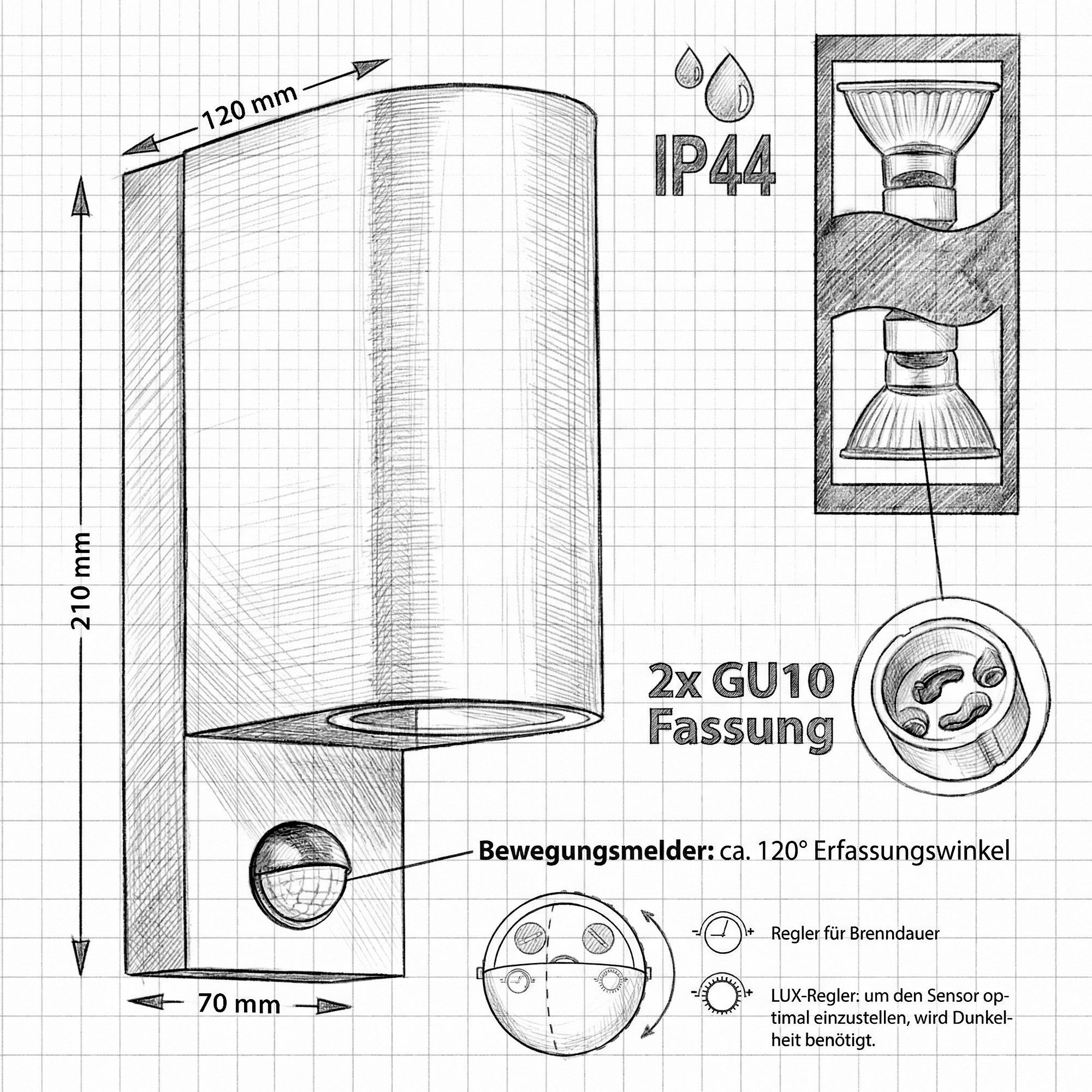 Maxkomfort Außen-Wandleuchte Up & Down Wandlampe mit Bewegungsmelder, Außen & Innen, GU10, ohne Leuchtmittel, Modern, IP44 wetterfest, Bewegungsmelder, exkl. Leuchtmittel