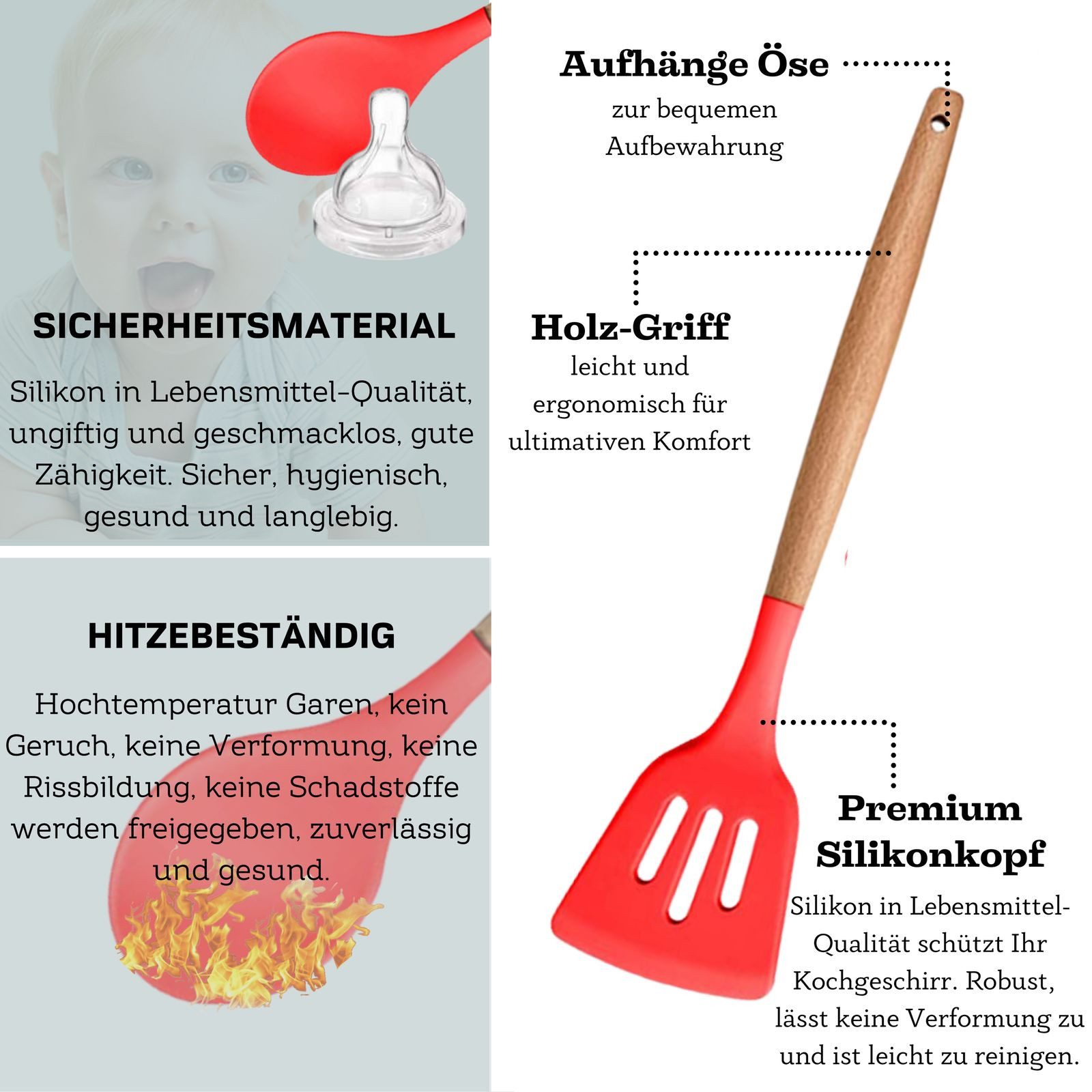 Faizee Möbel Kochbesteck-Set Kochbesteck-Set 12tlg Silikon Kochbesteck Holzgriff Küchenutensilien (12-tlg) – Bild 2 von 2