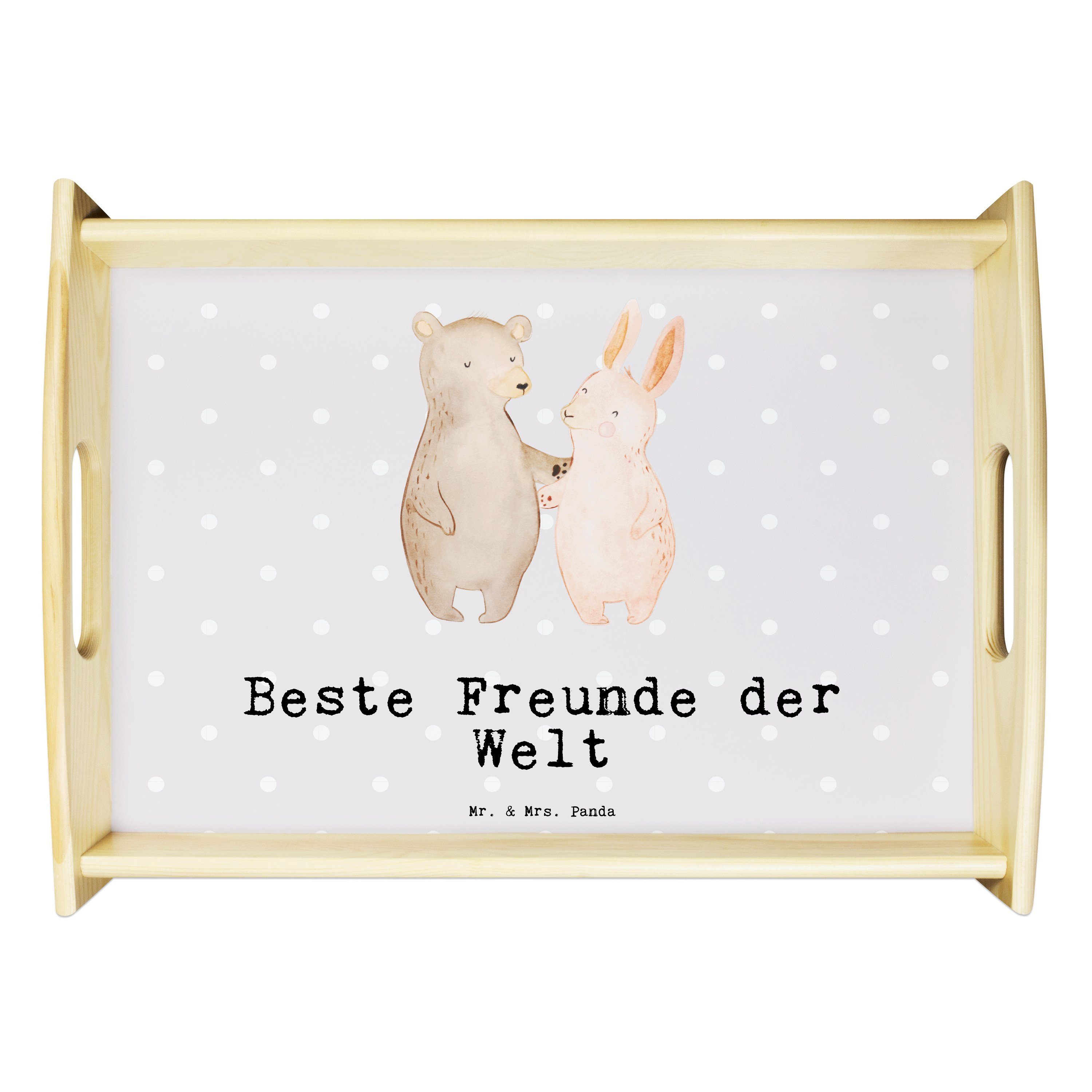 Mr. & Mrs. Panda Tablett Hase Beste Freunde der Welt - Grau Pastell - Geschenk, Tablett, Frühs, Echtholz lasiert, (1-tlg)