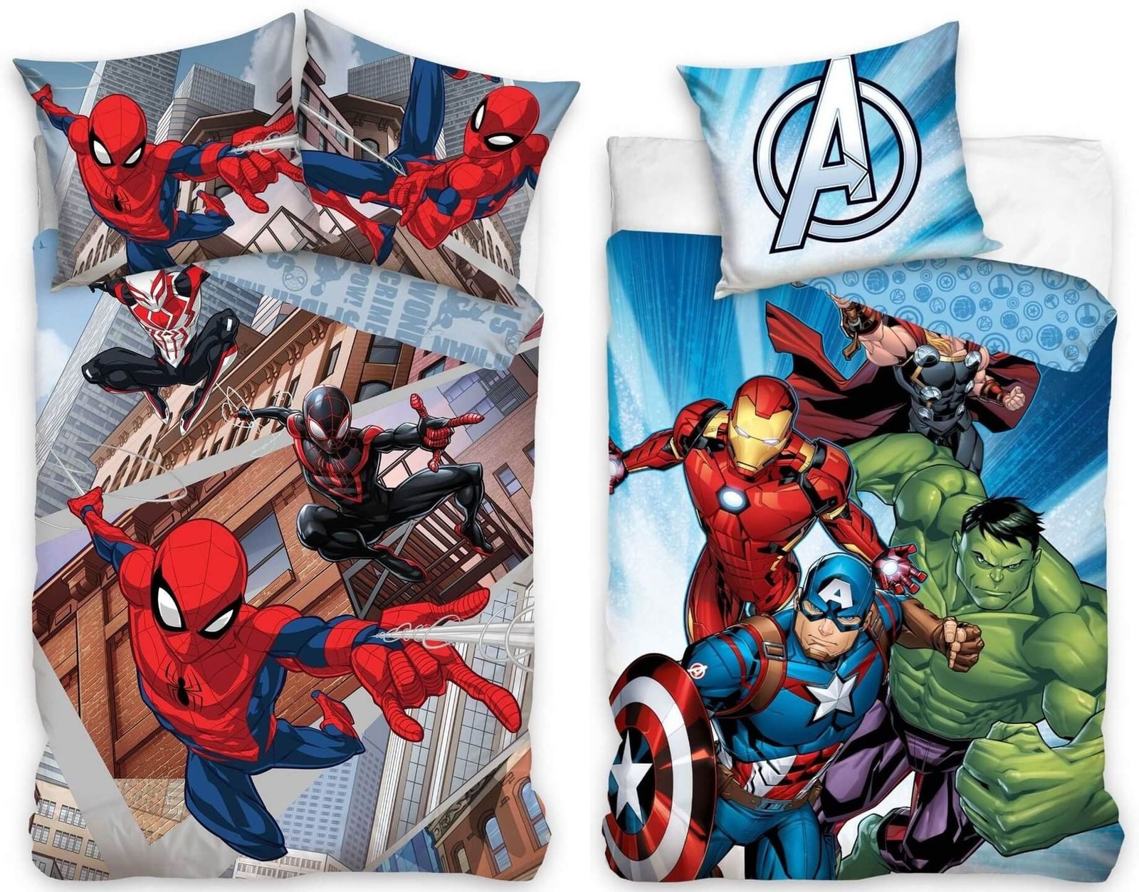Carbotex Bettwäsche Spiderman & Avengers - 2 x Bettwäsche-Set Doppelpack, 135x200 & 80x80, Baumwolle, 100% Baumwolle