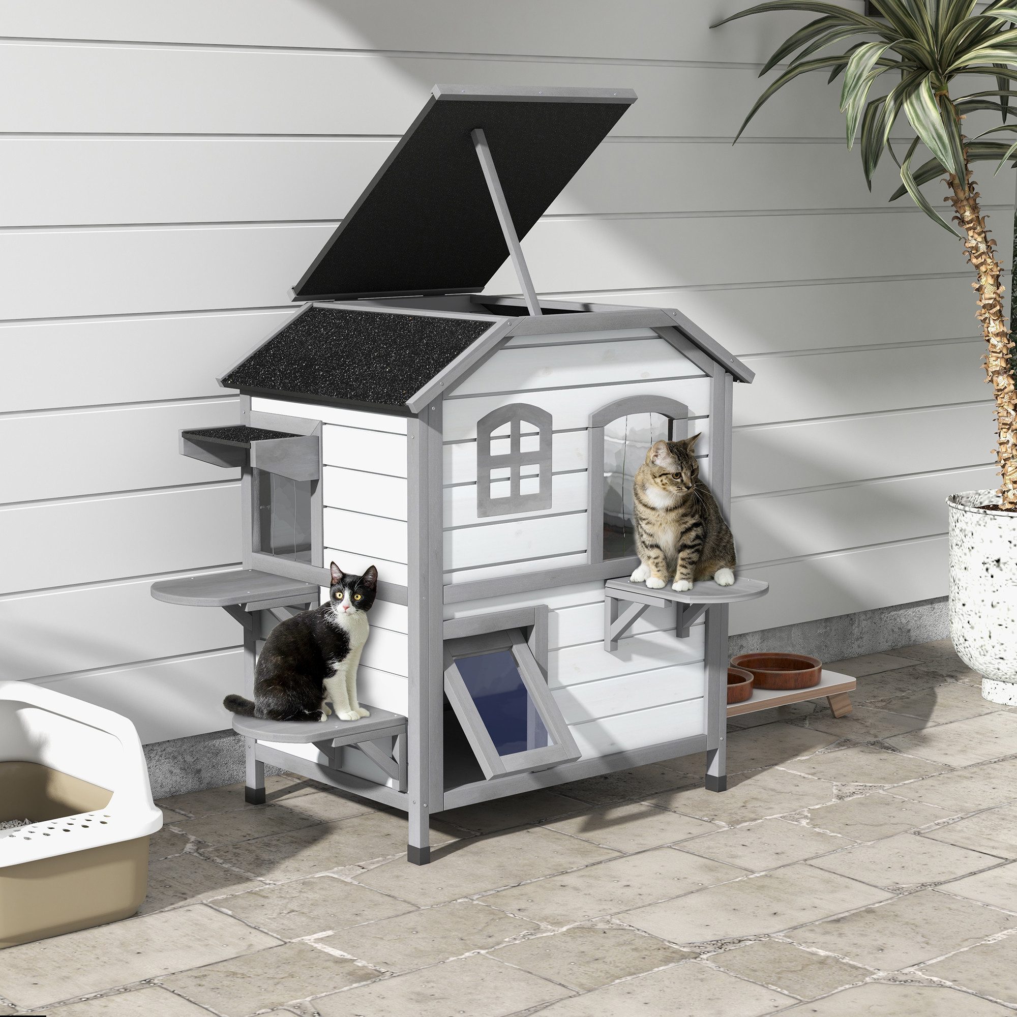 PawHut Tierhöhle Katzenhaus aus Holz 2-Etagen Winterfest wasserdicht, für Katzen bis 4,5 kg, Weiß, 78 x 55,5 x 91 cm