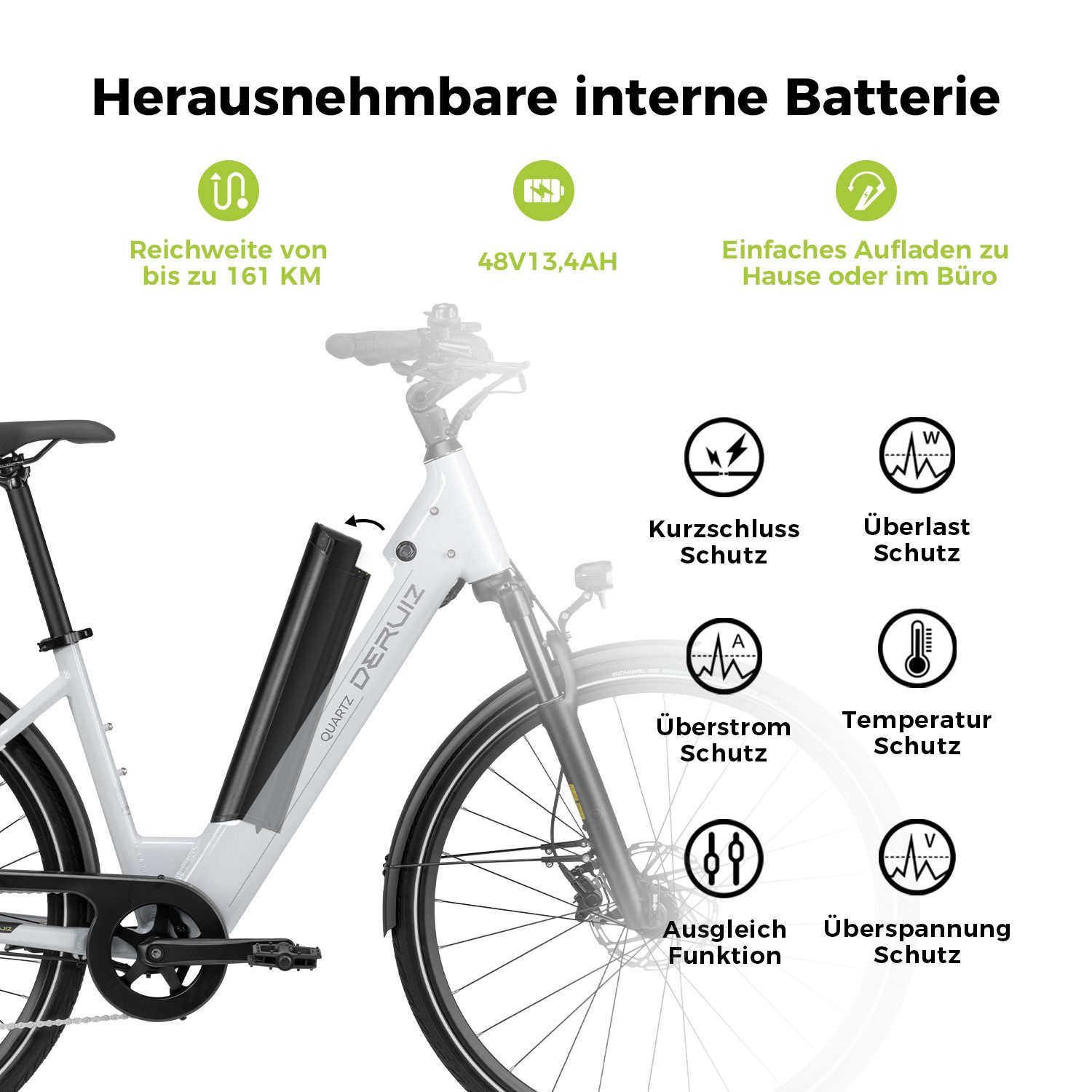 DERUIZ E-Bike Cityrad 28 Zoll, Elektrofahrrad für Damen & Herren, bis zu 161 km, 8 Gang Schiamano Altus RD-M310 Schaltwerk, Kettenschaltung, Heckmotor, 644,00 Wh, (Federgabel mit Lockout, Farb-LCD-Display mit Bluetooth, Drehmomentsensor), 5 Unterstützungsstufen / Anfahrhilfe, hydr. Scheibenbremse, RH: 44cm