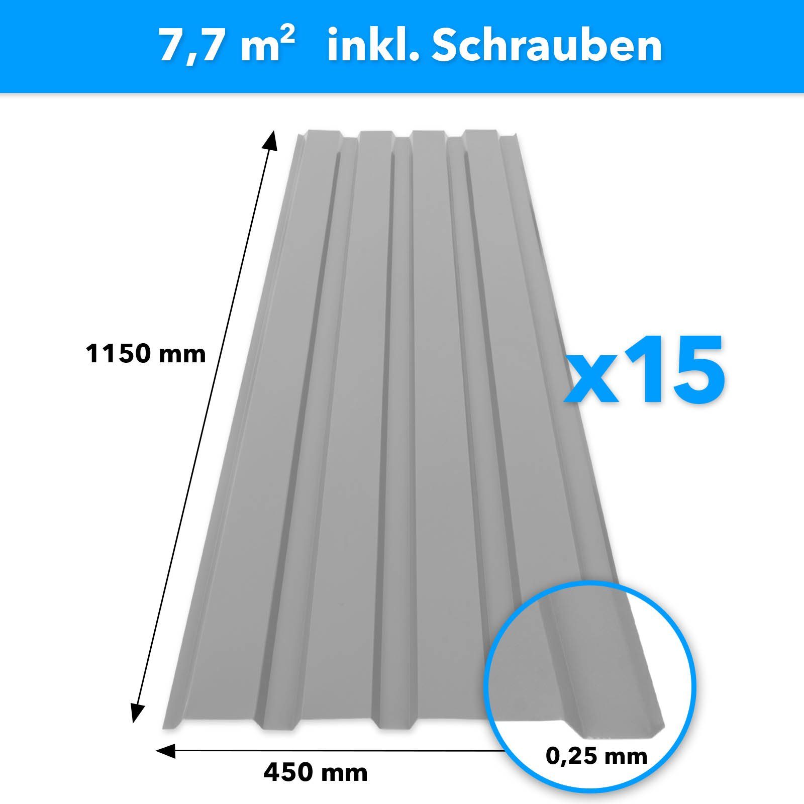 Karat Trapezblech Dachblech 7,7m² inkl Schrauben, Wandblech verzinkt, Profilblech, Blech verzinkt, 1150x450x0,25 mm (Spar-Set 15-St. 115x45 cm) wetterfest für Carport & Gartenhaus, verschiedene Farben