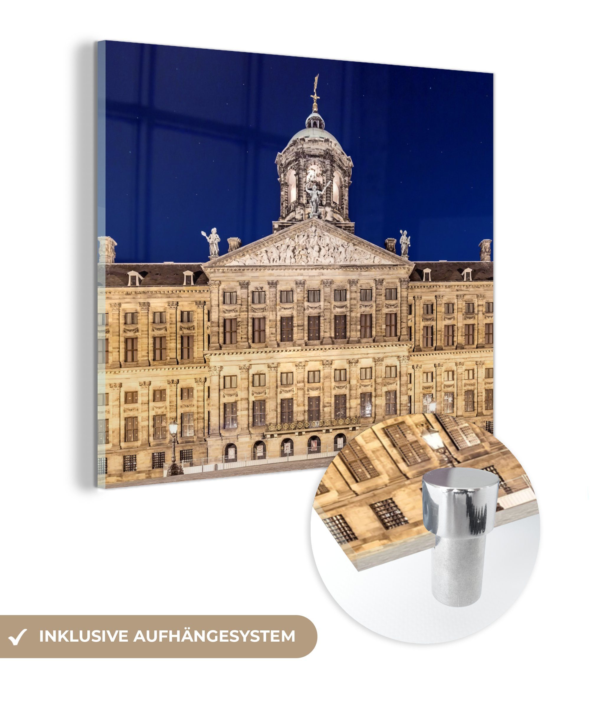 MuchoWow Acrylglasbild Der Palast am Dam-Platz am Abend - Amsterdam, (1 St), Glasbilder - Bilder auf Glas Wandbild - Foto auf Glas - Wanddekoration