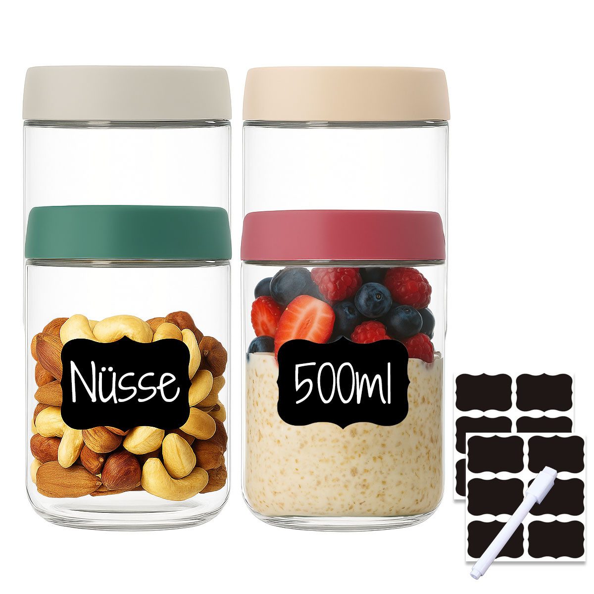 mixed24 Vorratsglas 4er Set Einmachgläser inkl. 12x Etiketten, 1x Stift, (4-tlg), bunte Deckel, sicherer Schraubdeckelverschluss
